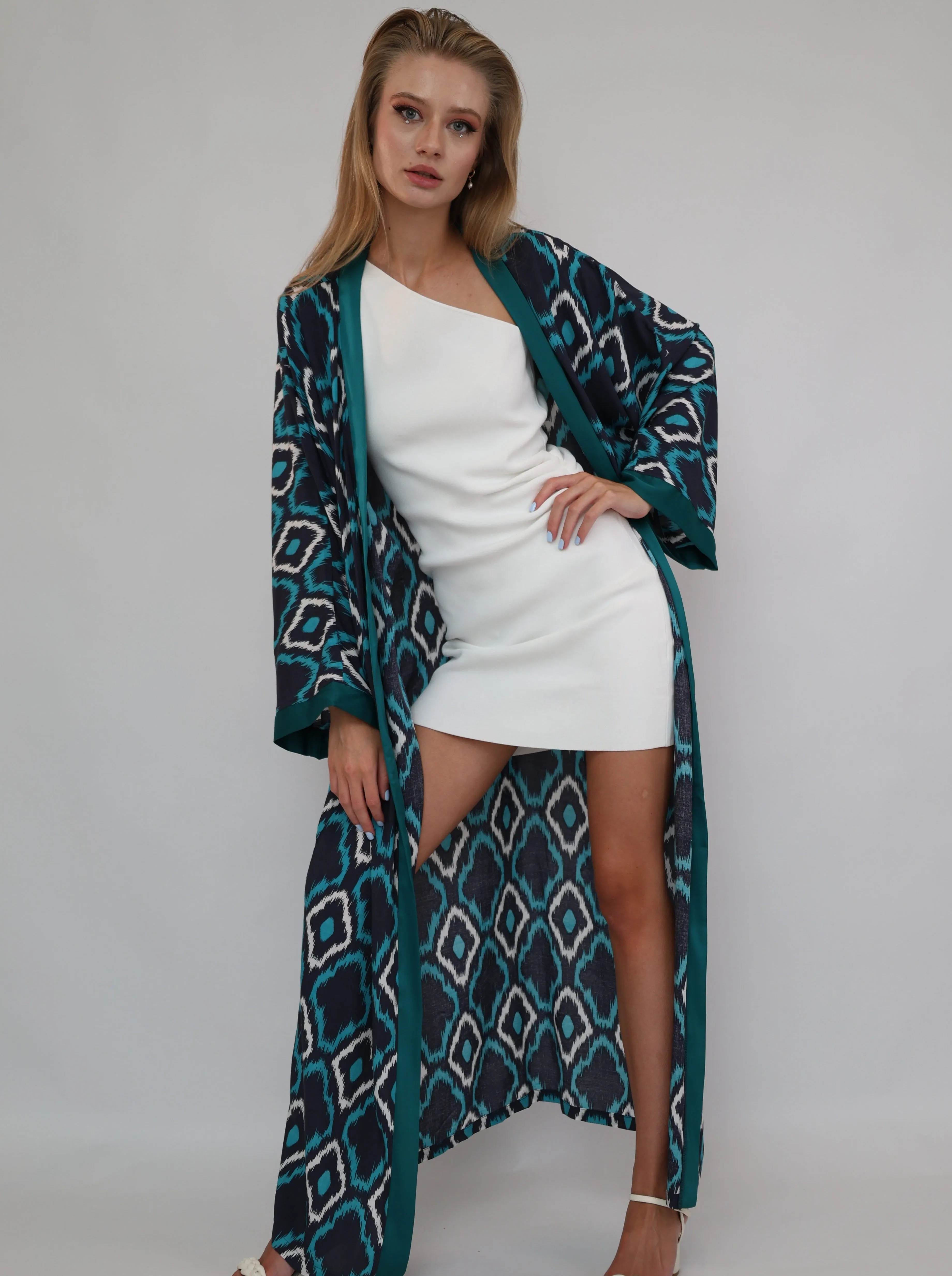 100% Cotton Printed Ikat Green Lightweight Kimono "Lagoon Breeze"