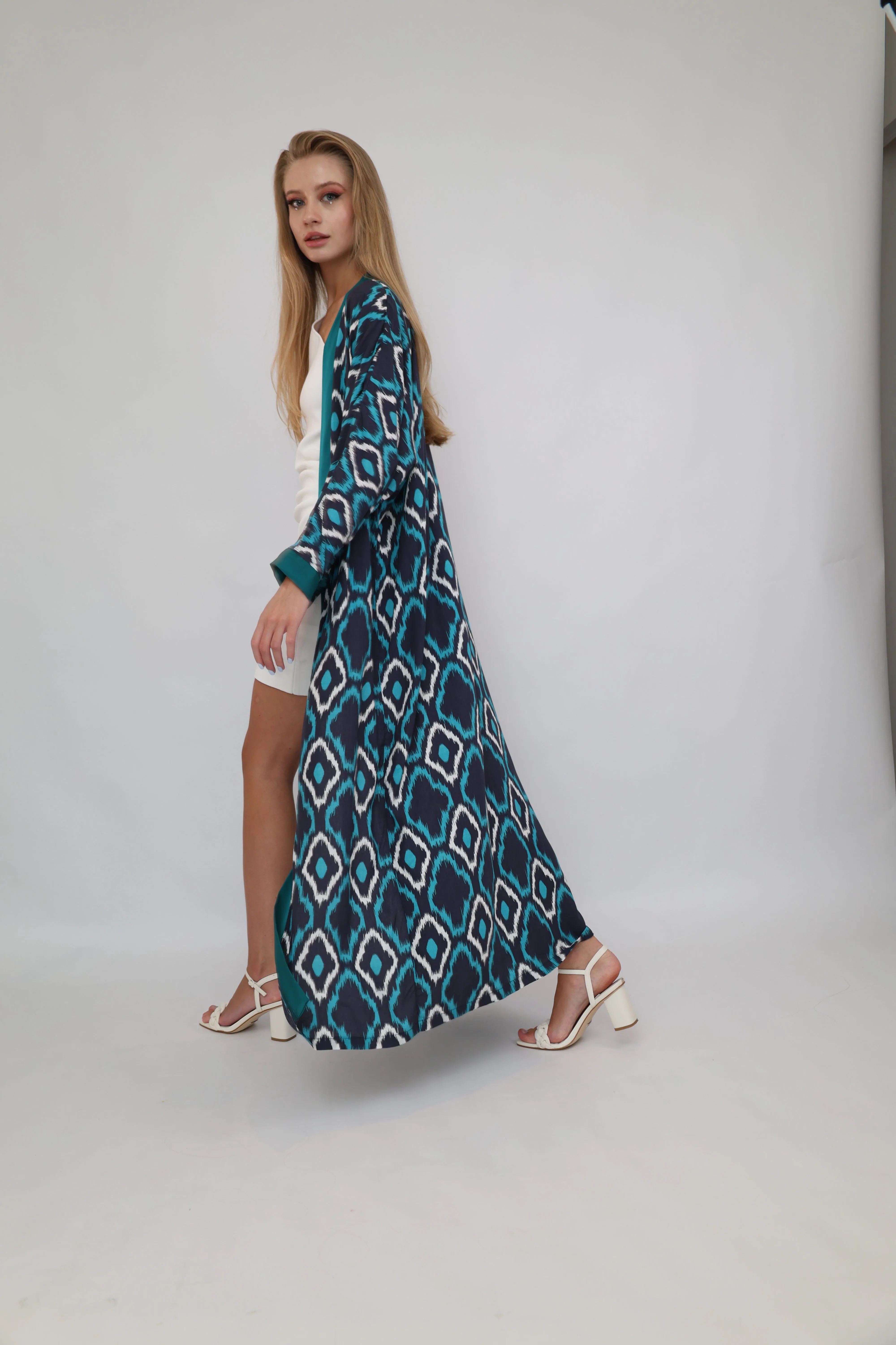 100% Cotton Printed Ikat Green Lightweight Kimono "Lagoon Breeze"