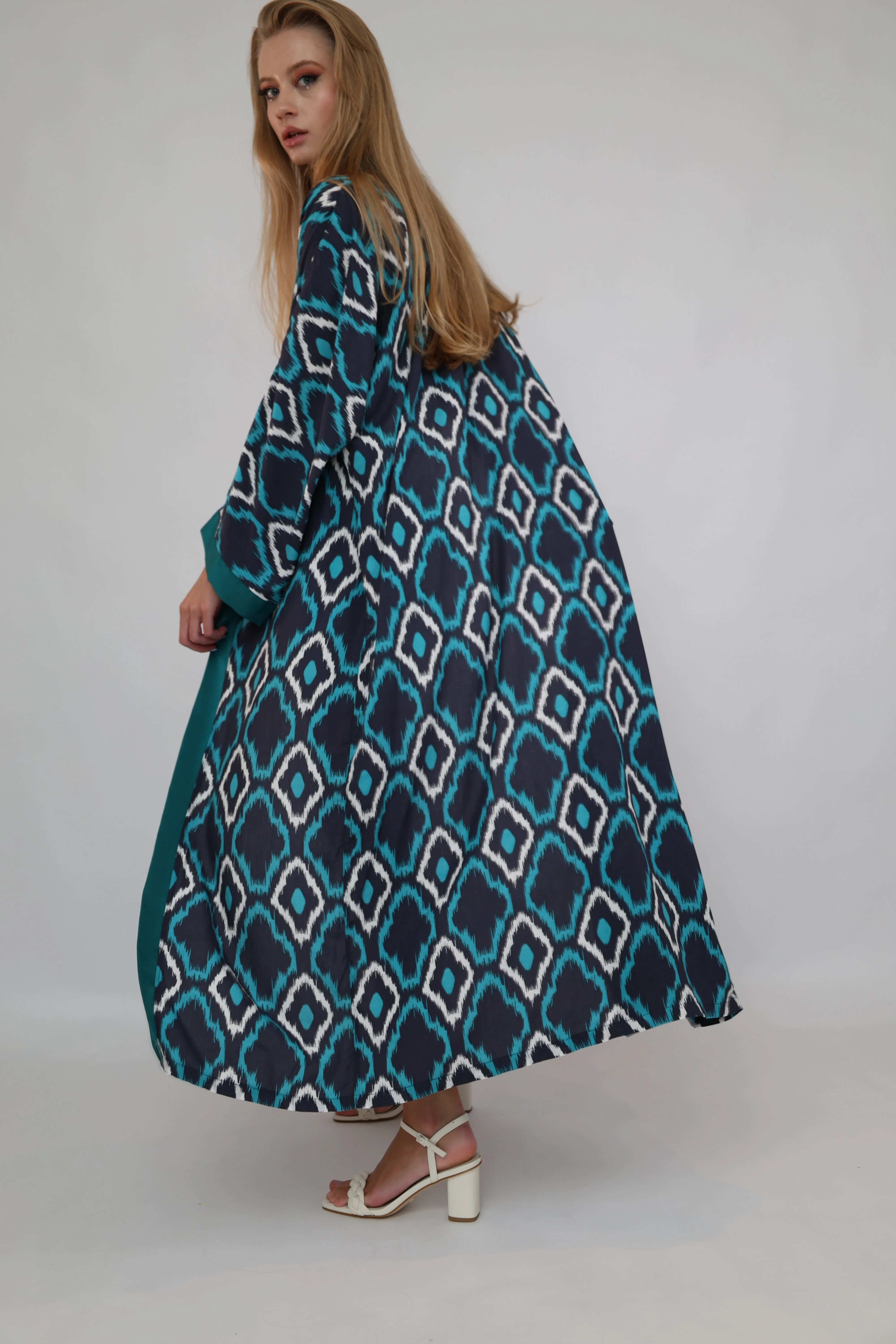 100% Cotton Printed Ikat Green Lightweight Kimono "Lagoon Breeze"