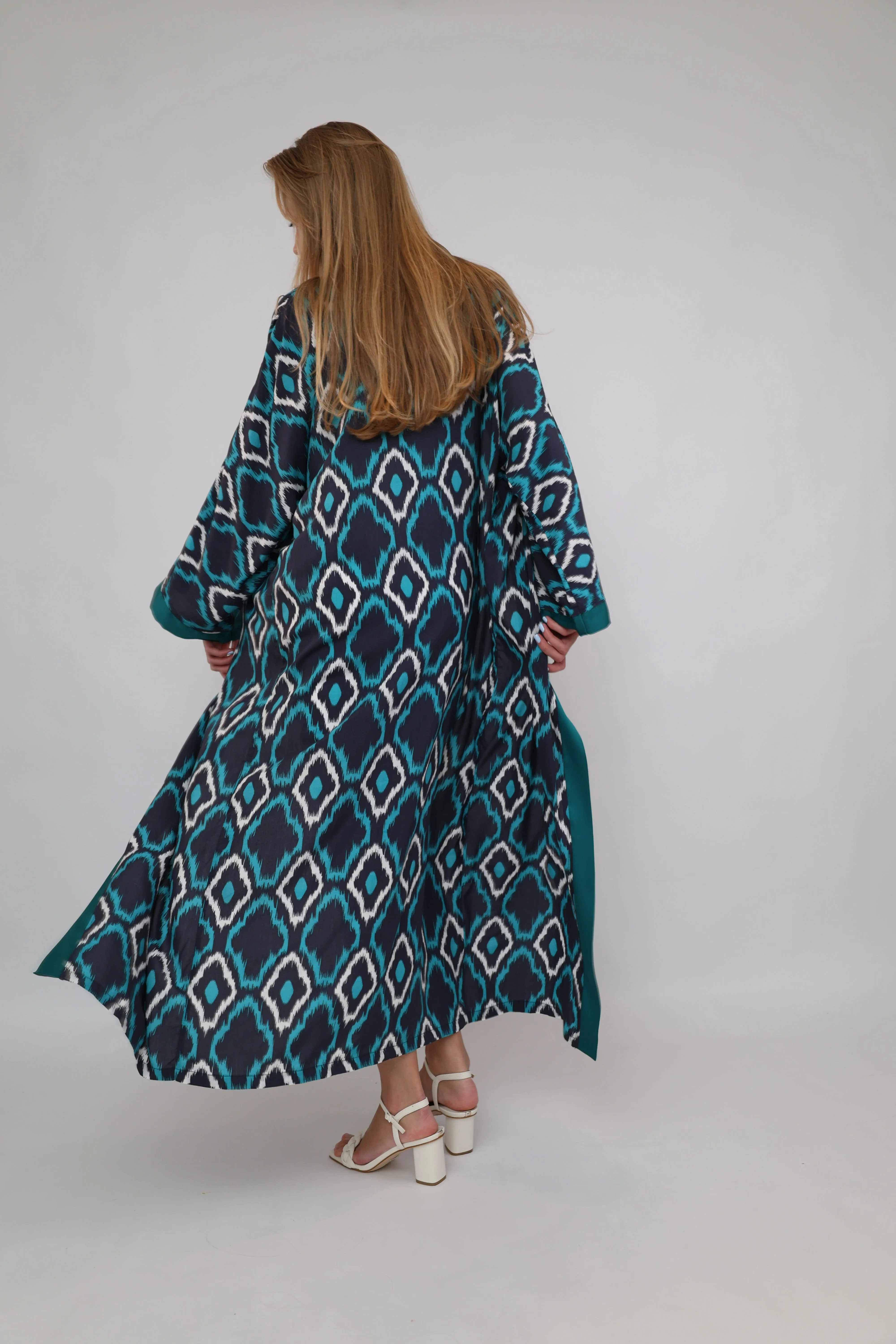 100% Cotton Printed Ikat Green Lightweight Kimono "Lagoon Breeze"
