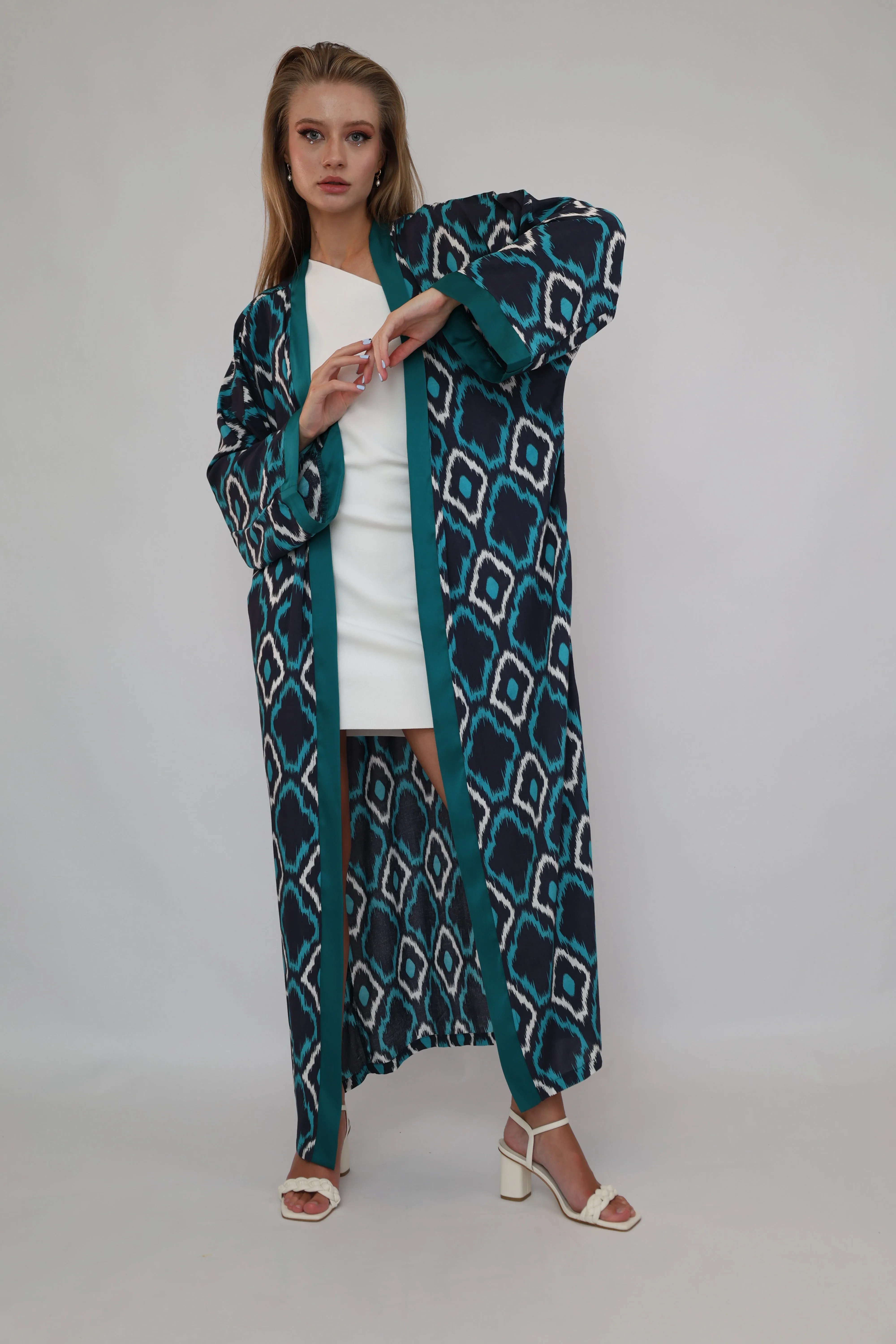 100% Cotton Printed Ikat Green Lightweight Kimono "Lagoon Breeze"