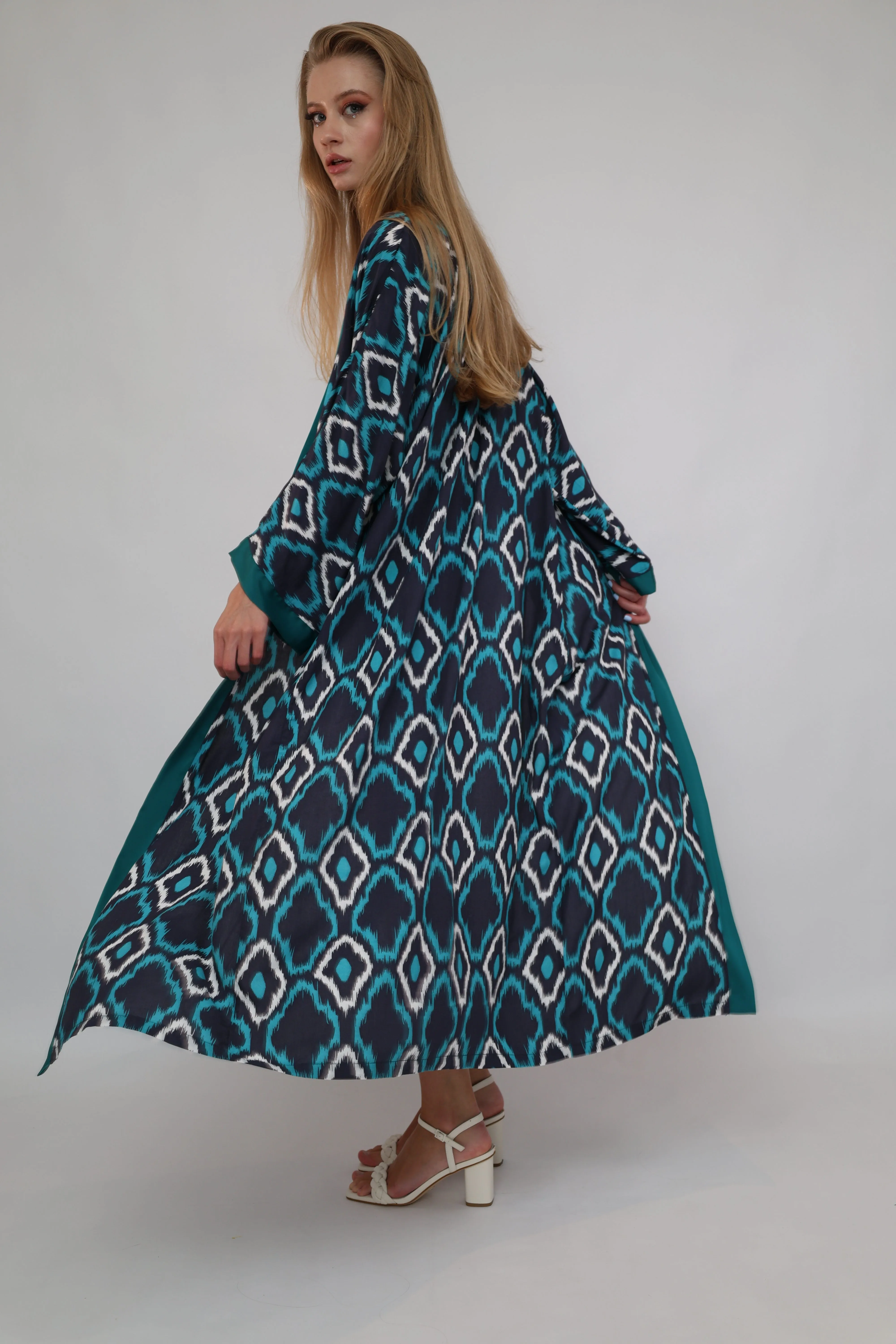 100% Cotton Printed Ikat Green Lightweight Kimono "Lagoon Breeze"