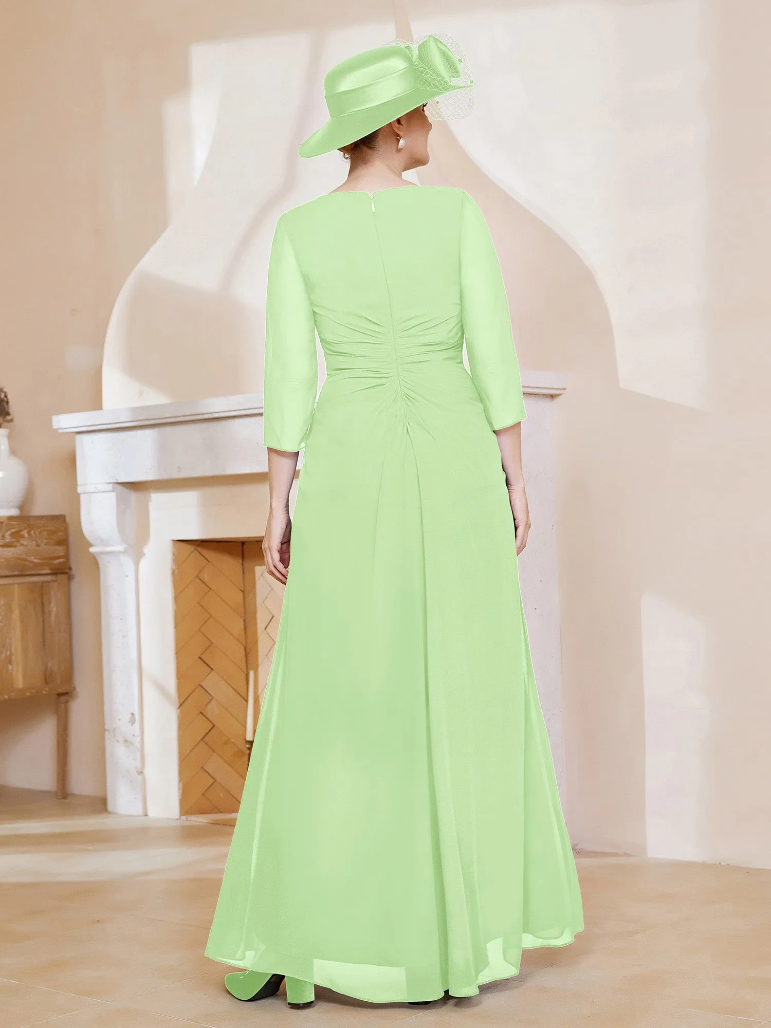 3/4-Length Sleeves V-neck Pleated Long Dress Sage