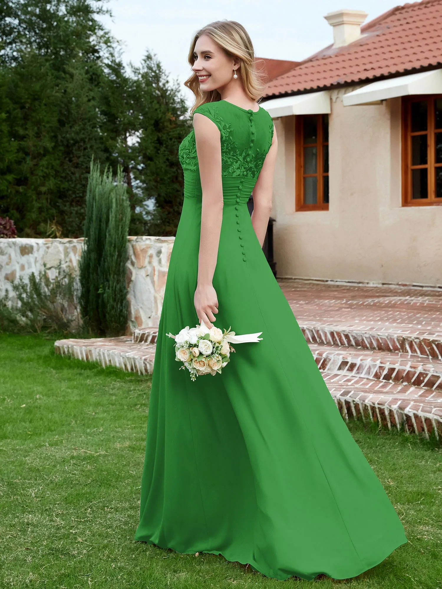 A-Line Chiffon Dress with Illusion Neckline Green Plus Size