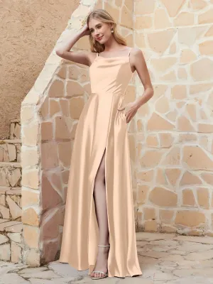 A Line Cowl Neck Satin Dress With Slit Peach