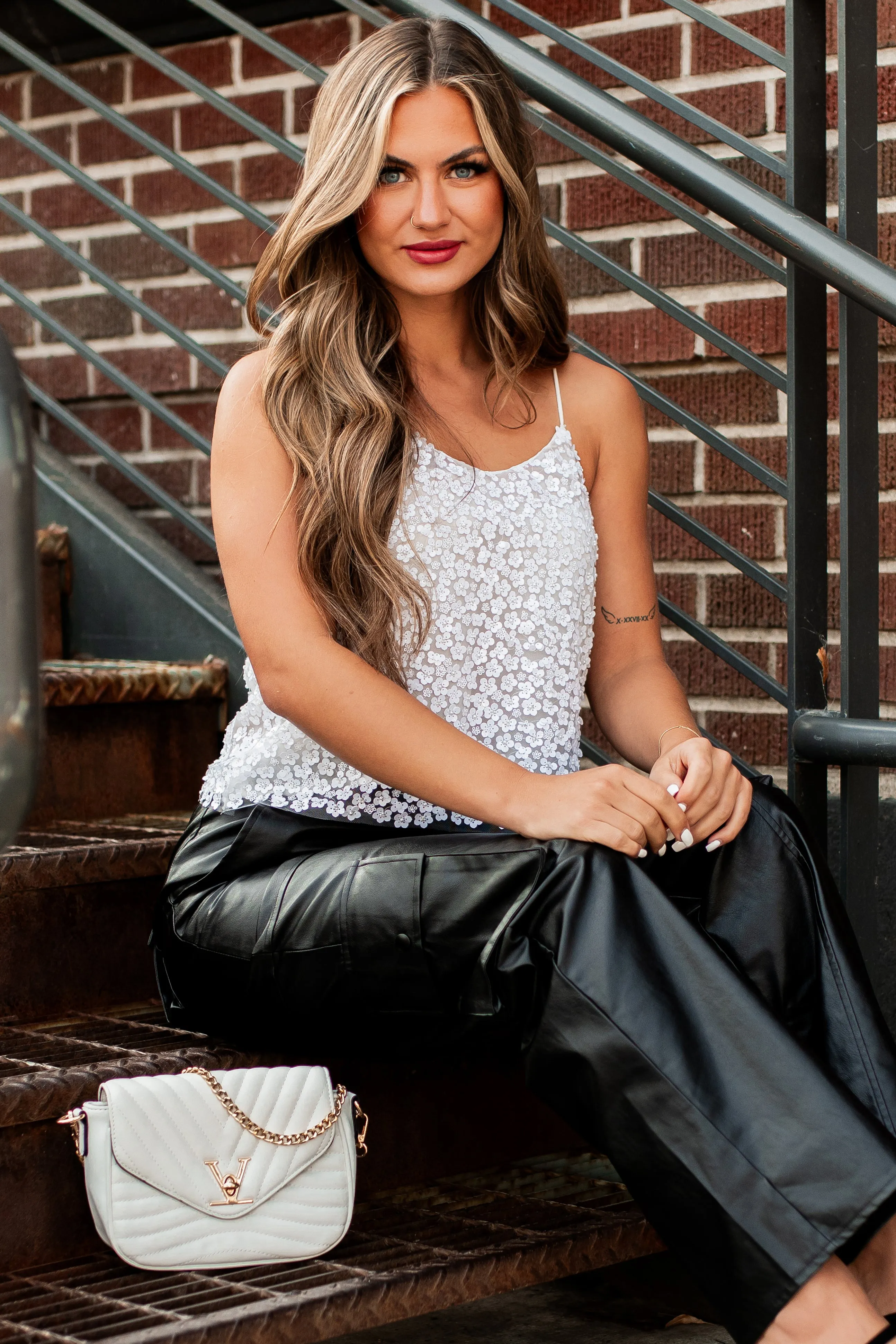 Always Extravagant Beaded Sequin Tank Top (White)