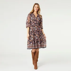 Amber Printed V-Neck Dress - Black Floral - Final Sale