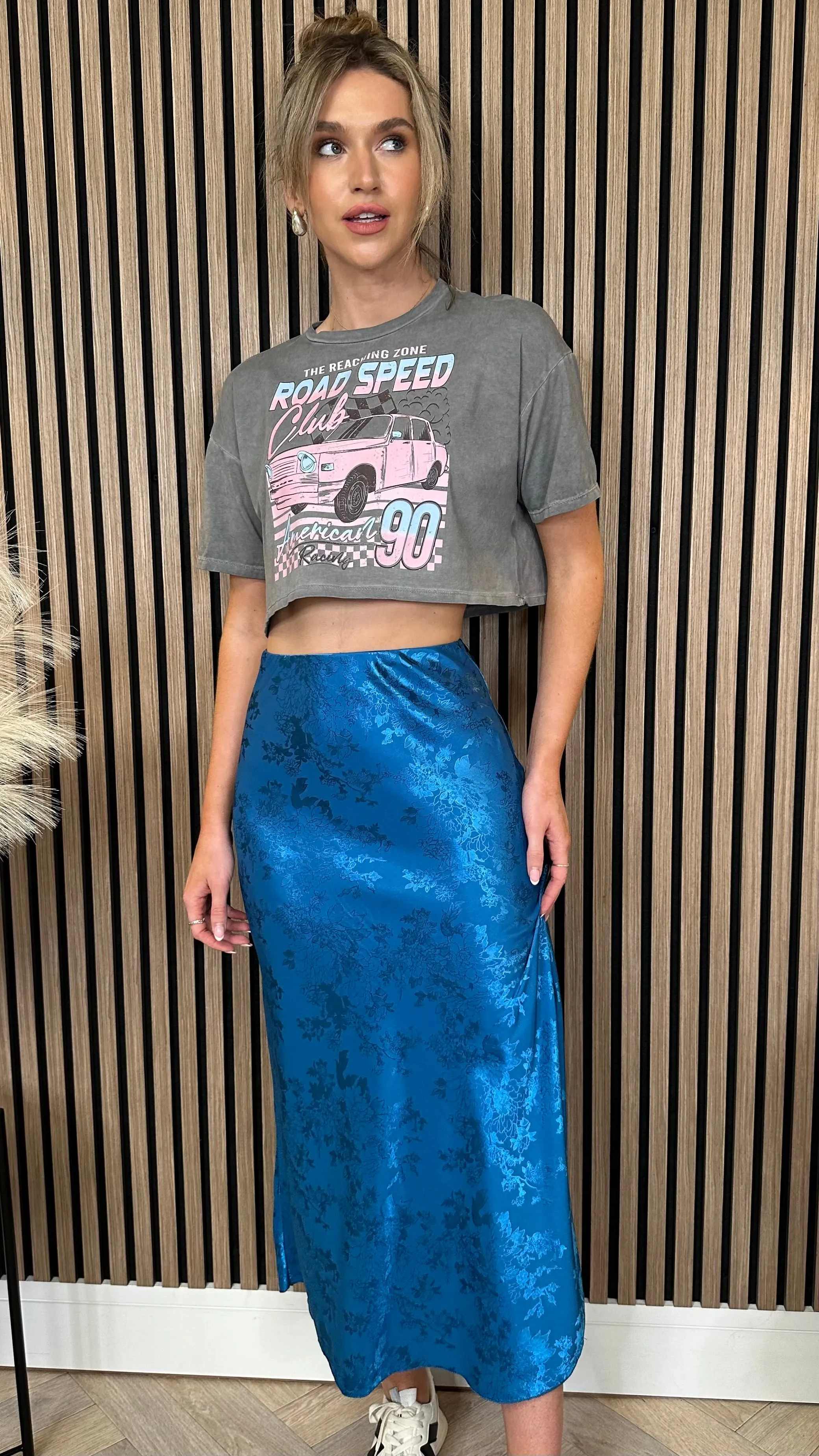 Angeline Royal Blue Printed Detail Midi Skirt