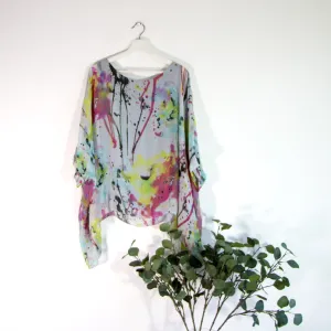 Artistic random multicolour design batwing chiffon silk top