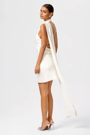 Asymmetric Halter Satin Mini Dress with Detachable Scarf in Silky White