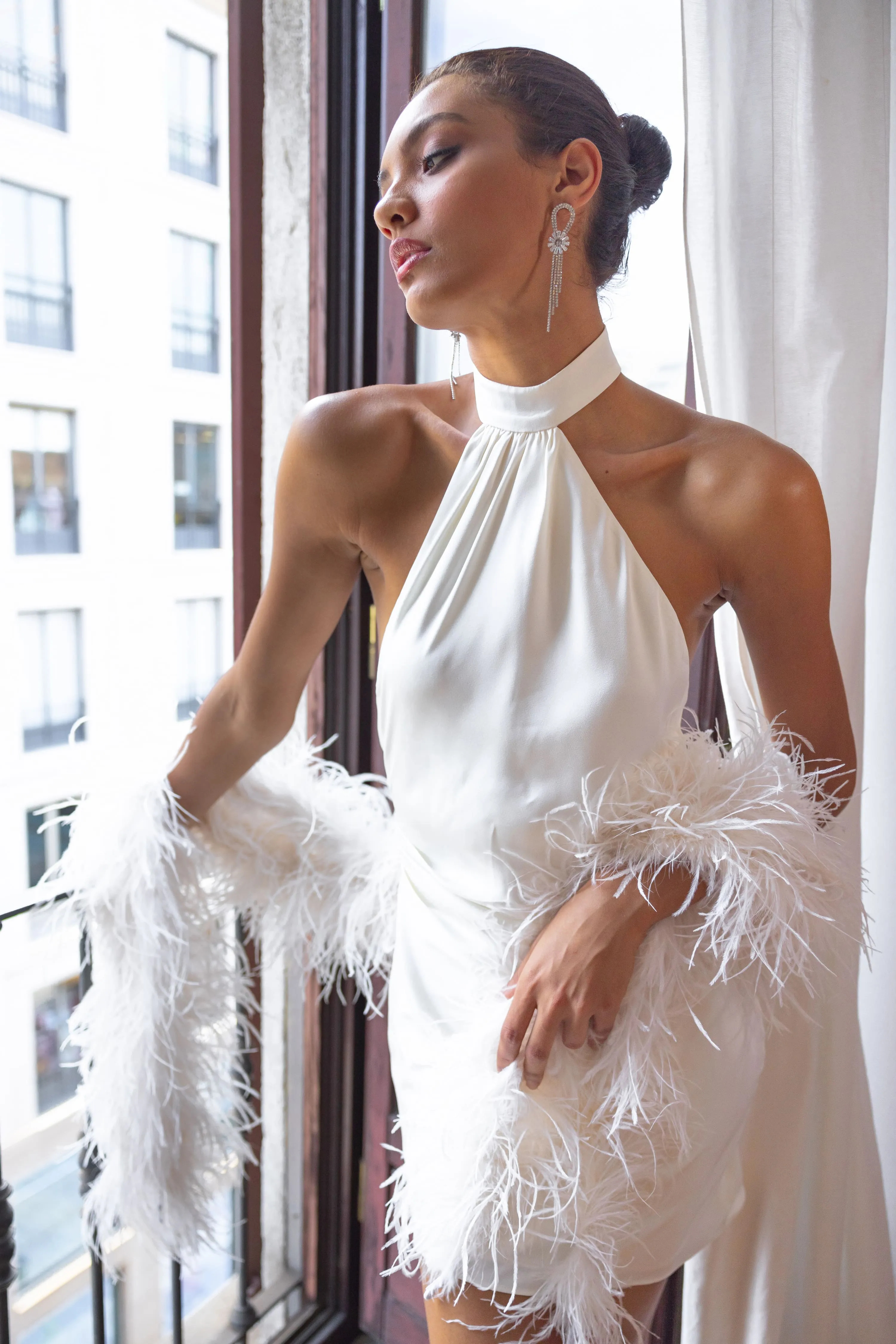 Asymmetric Halter Satin Mini Dress with Detachable Scarf in Silky White