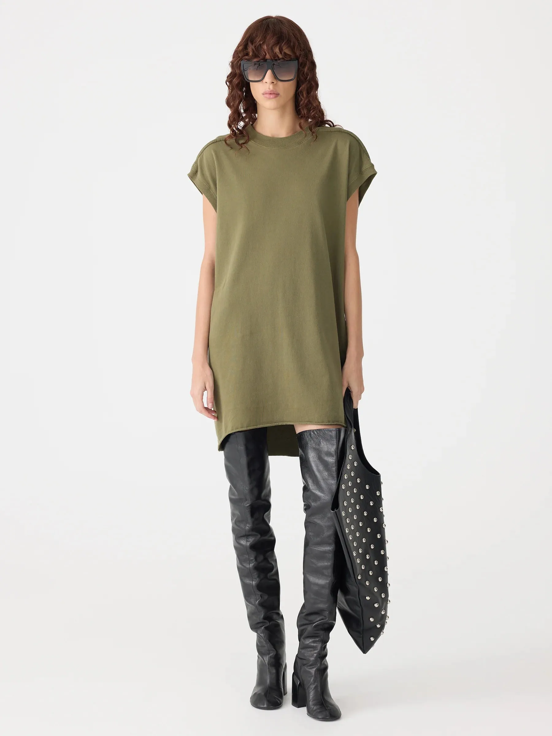 Bassike Sleeve Cut Off Tank Dress in Khaki Green