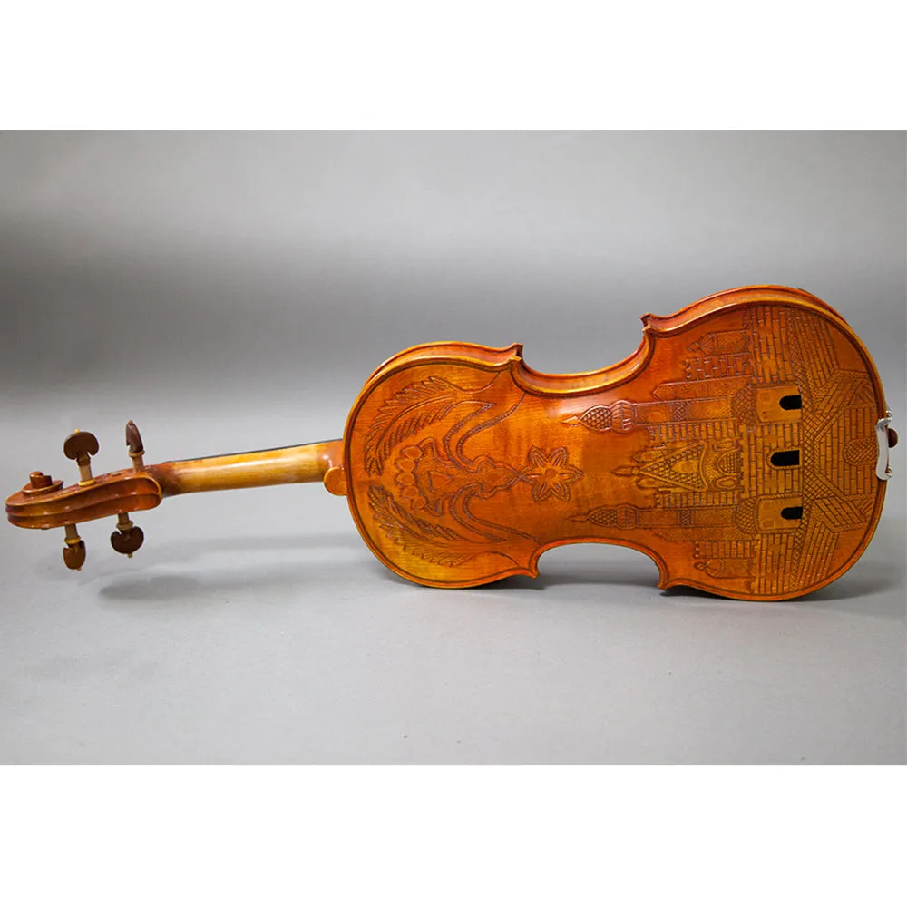 Beautiful Hand Carved Castle Violin 4/4 Open Clear Tone Two Piece Maple Back