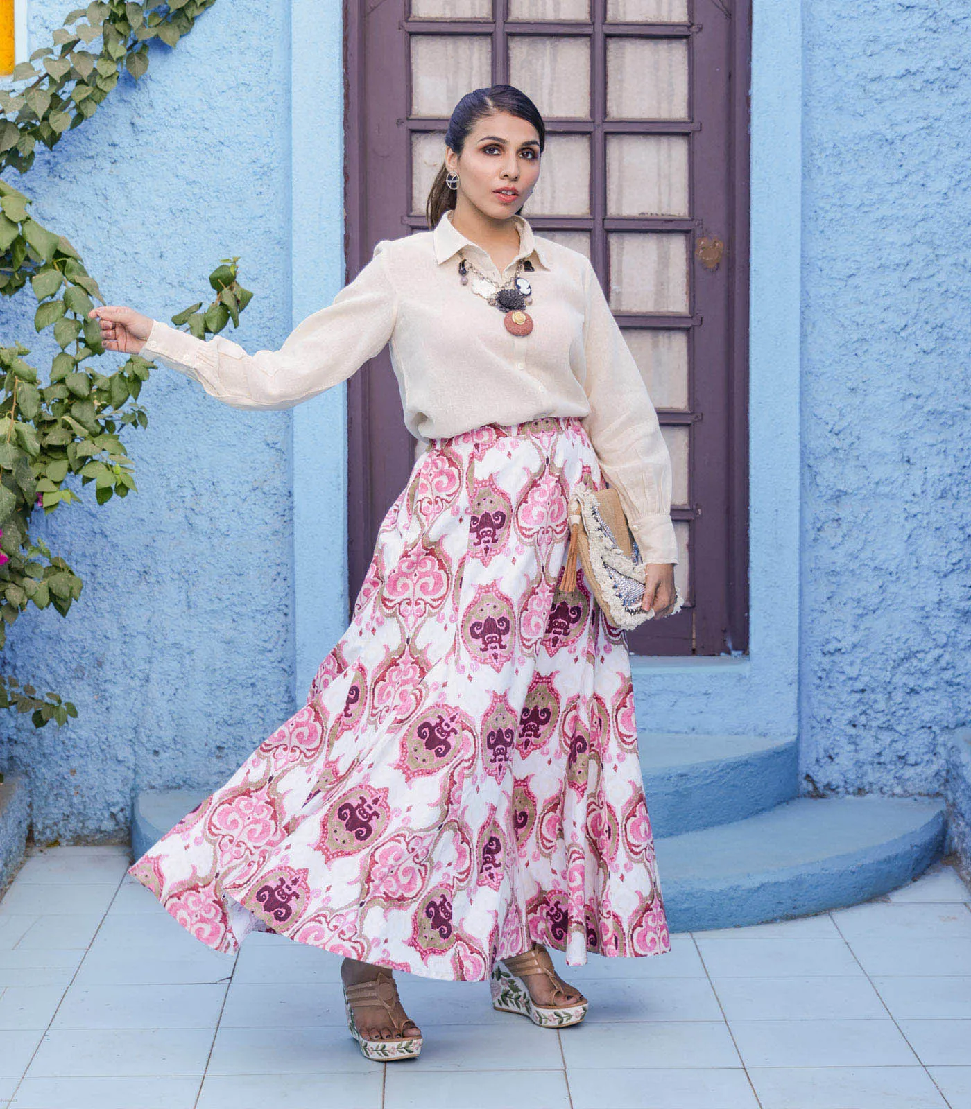 Beige Jute Shirt & Pink Ikat Printed Skirt