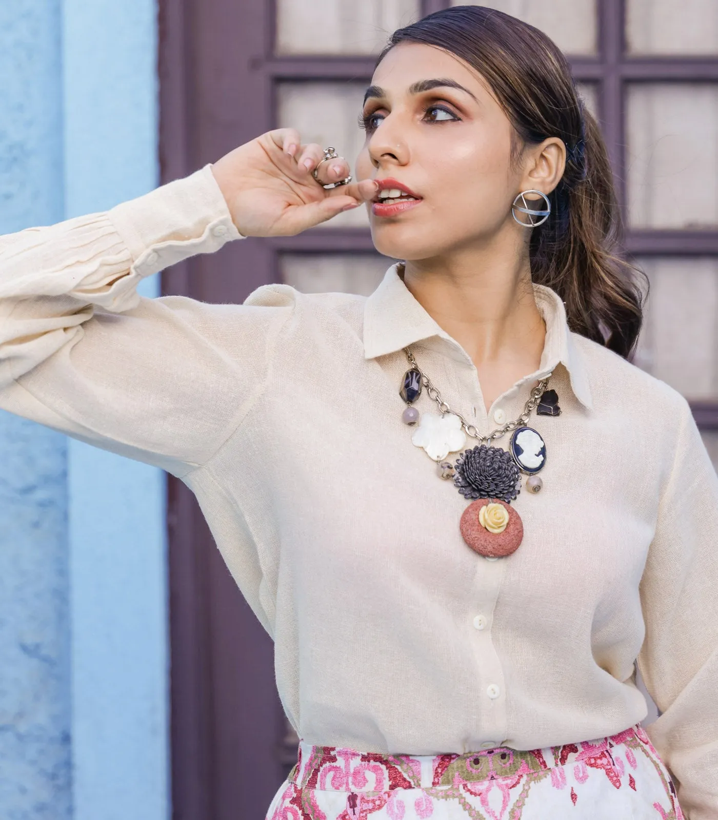 Beige Jute Shirt & Pink Ikat Printed Skirt