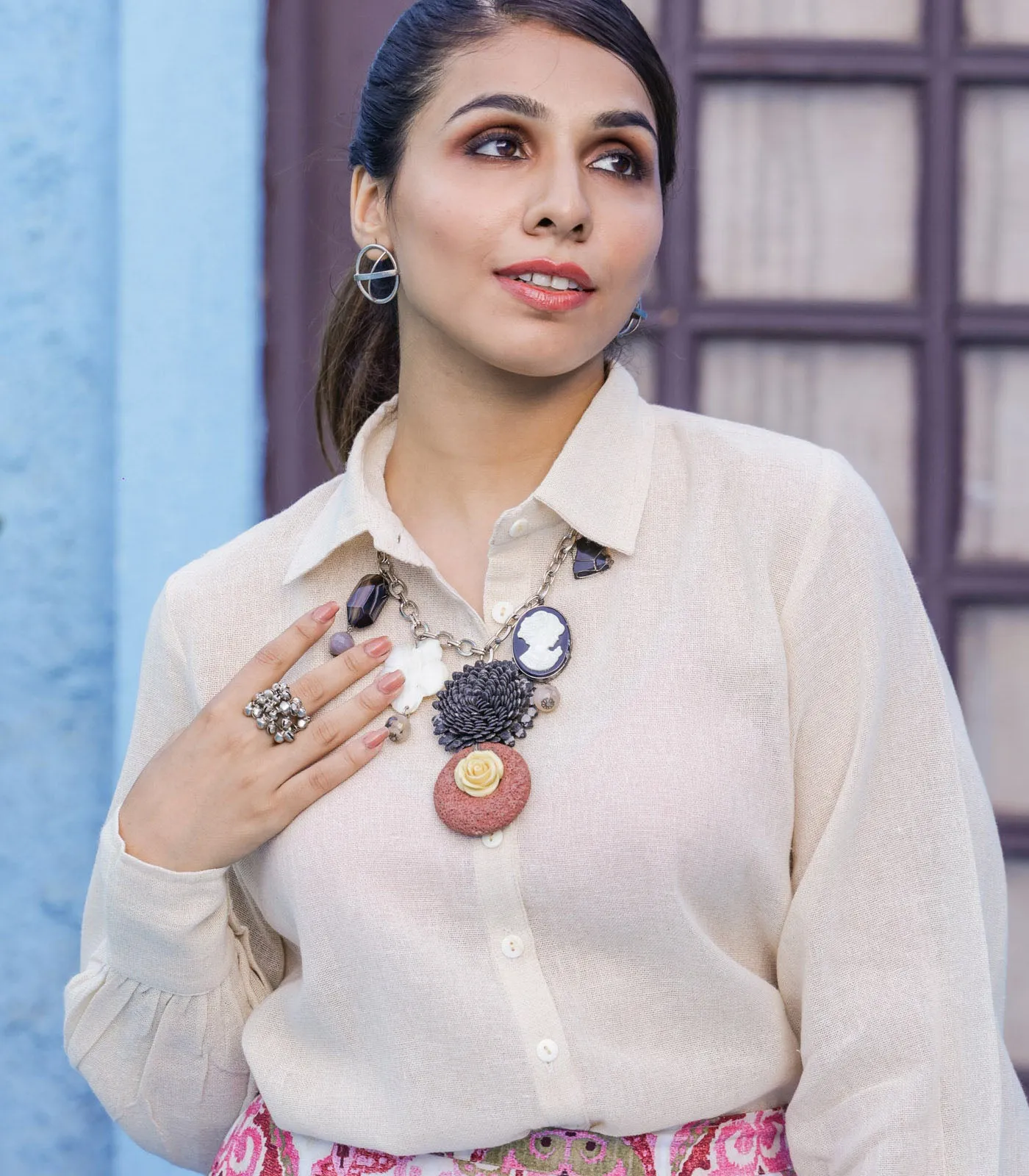 Beige Jute Shirt & Pink Ikat Printed Skirt