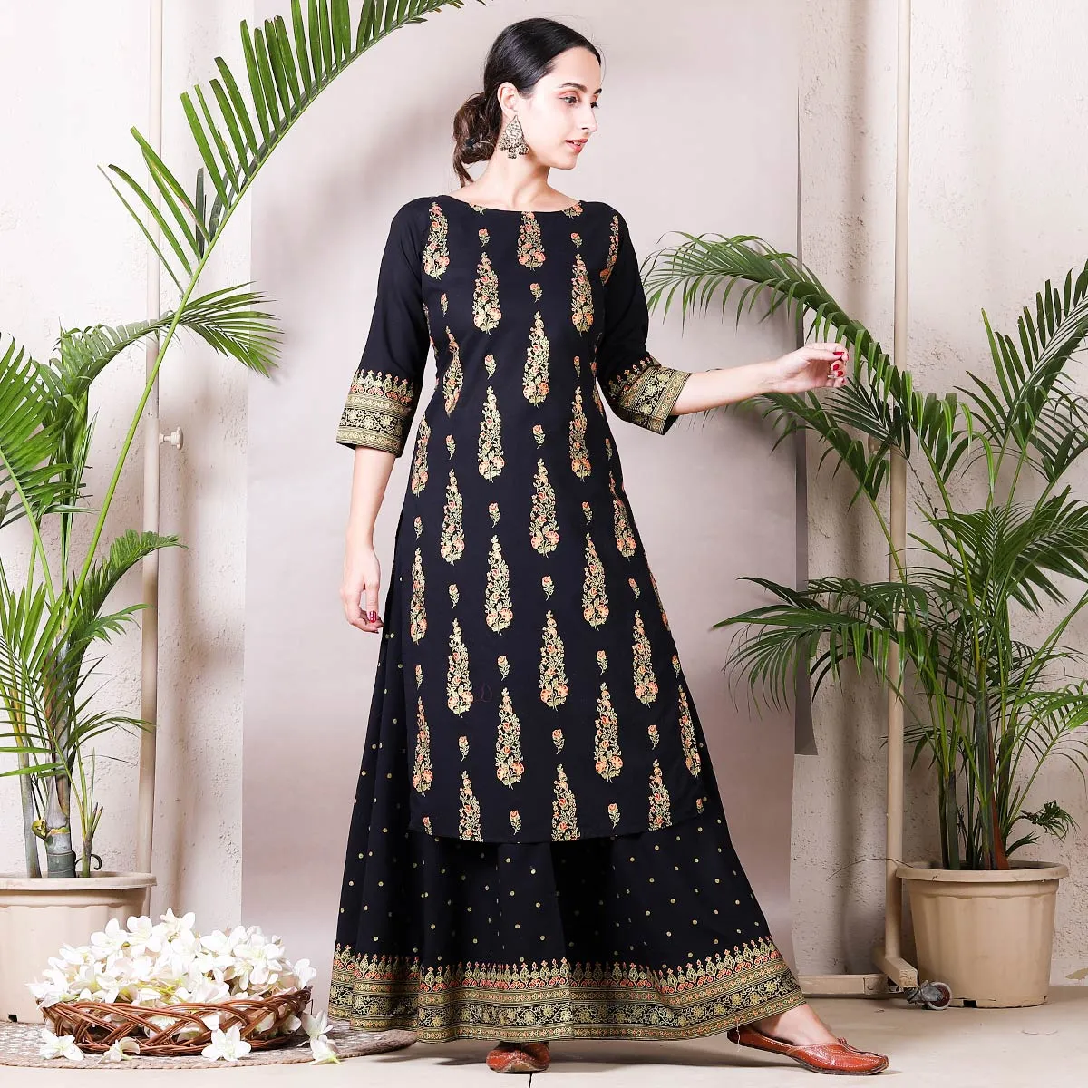Black Festive Gold Printed Kurta with Black Skirt