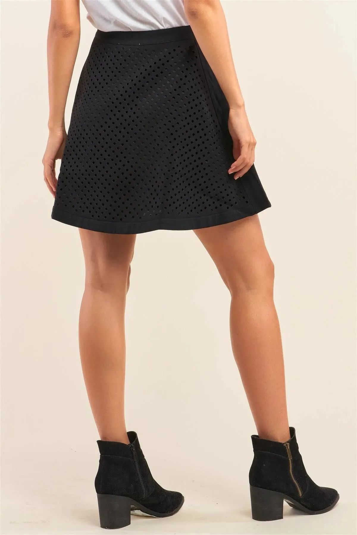 Black Laser Cut Scuba A-Line Mini Skater Skirt