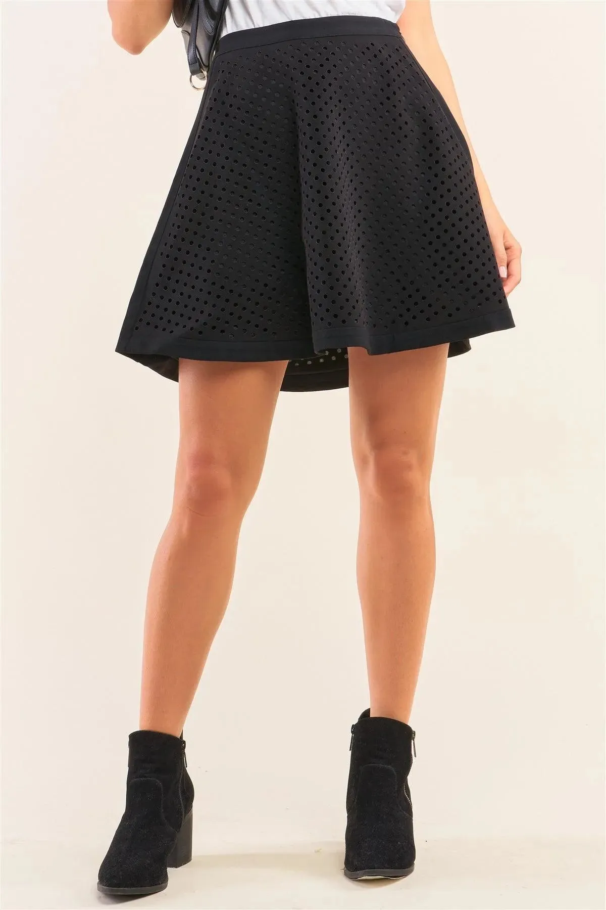 Black Laser Cut Scuba A-Line Mini Skater Skirt