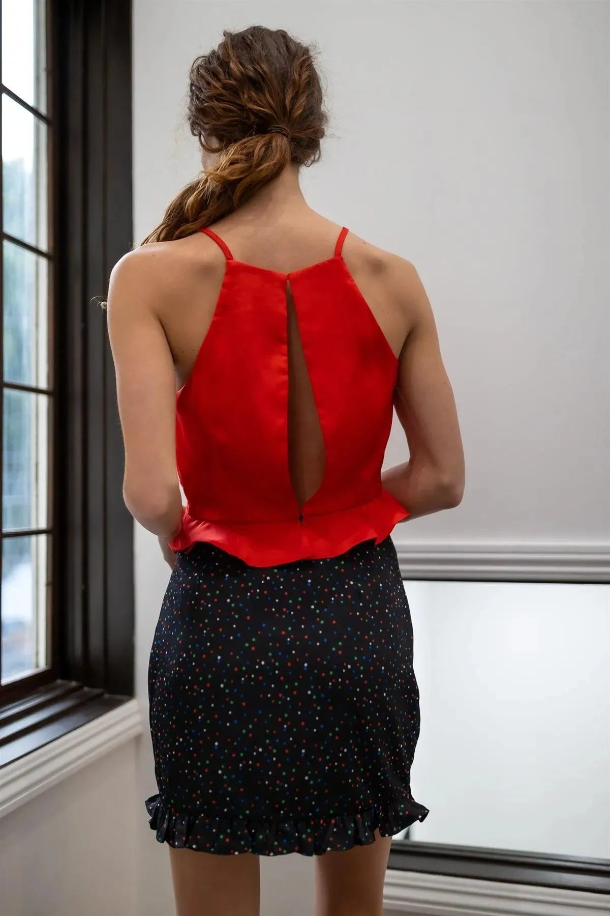 Black Multi Color Star Print Ruffle Hem Mini Skirt /2-3