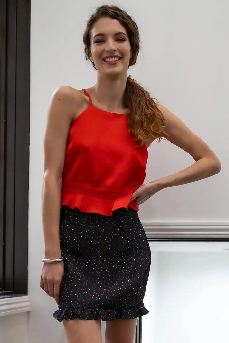 Black Multi Color Star Print Ruffle Hem Mini Skirt /2-3