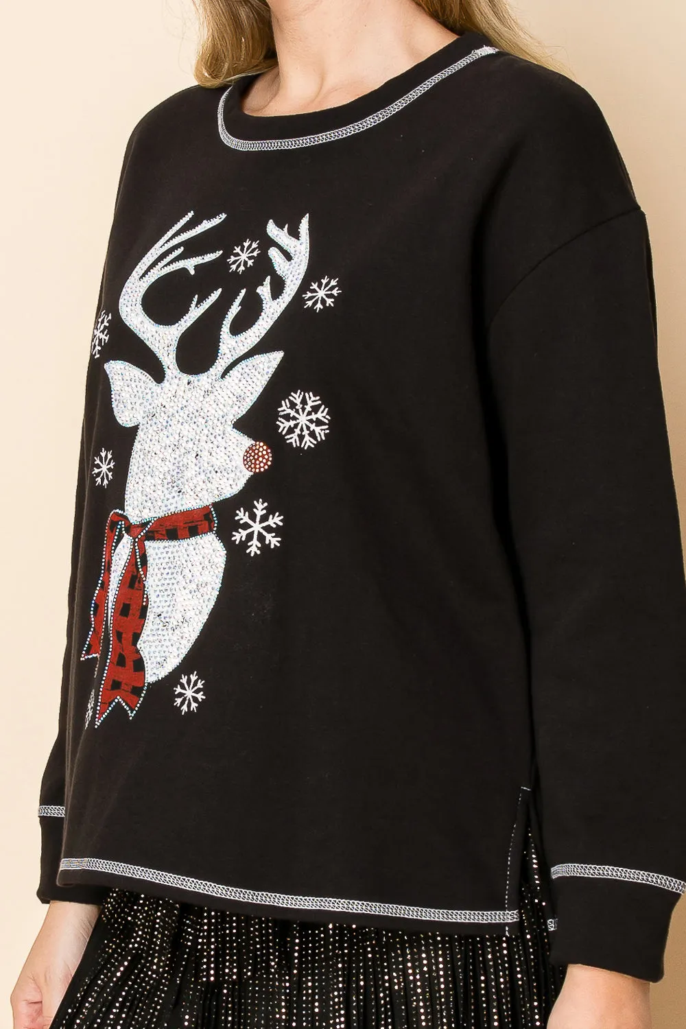 Black Top w/ Festive Reindeer Wearing a Plaid Scarf