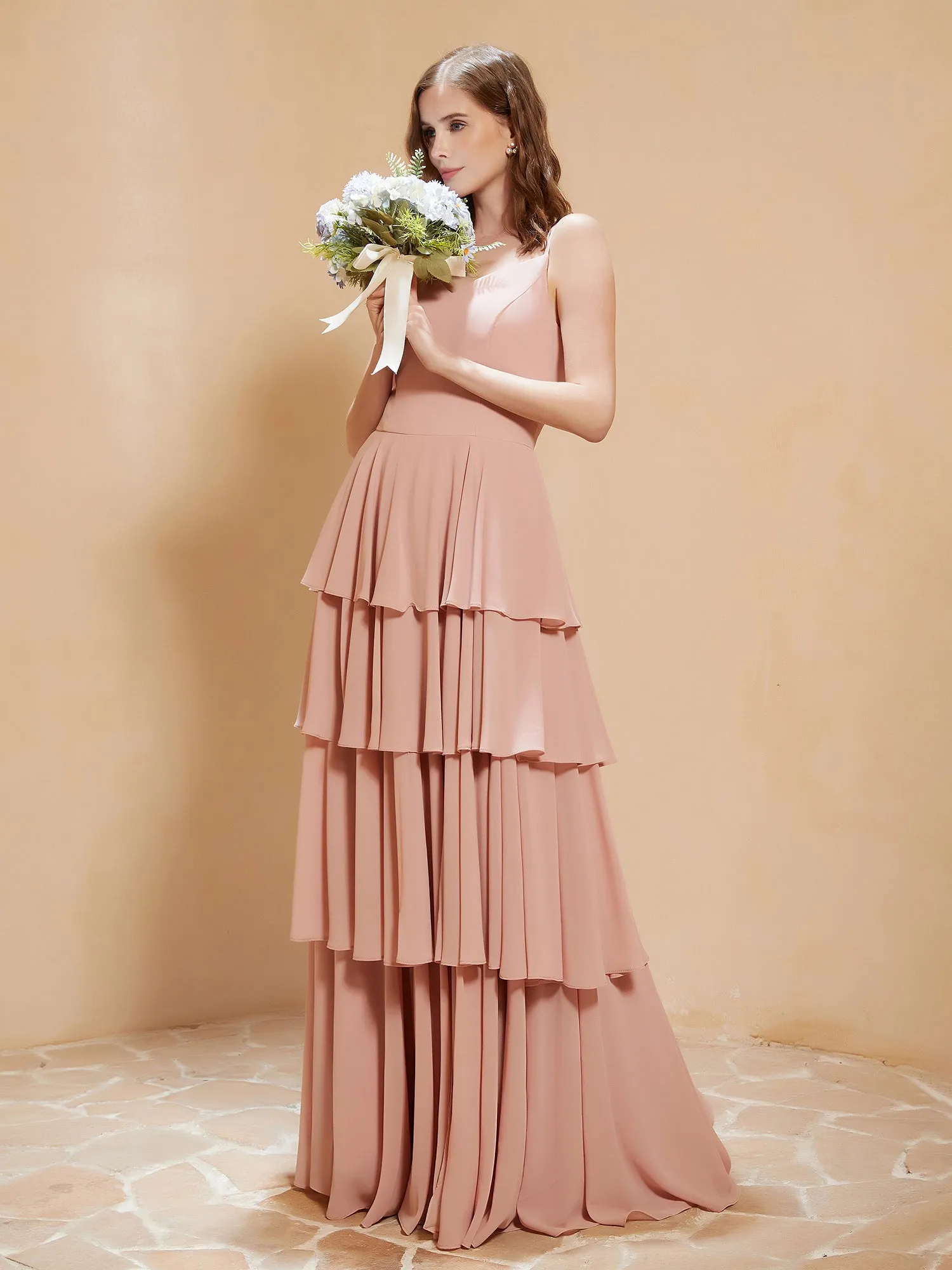 Boho V-neck Floor-length Dress Flowy Ruffles Dusty Rose Plus Size