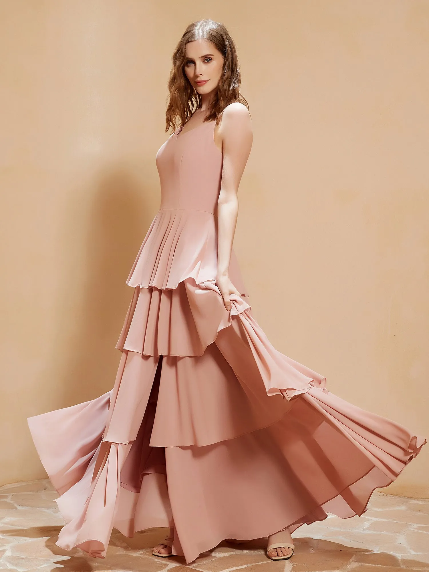 Boho V-neck Floor-length Dress Flowy Ruffles Dusty Rose Plus Size