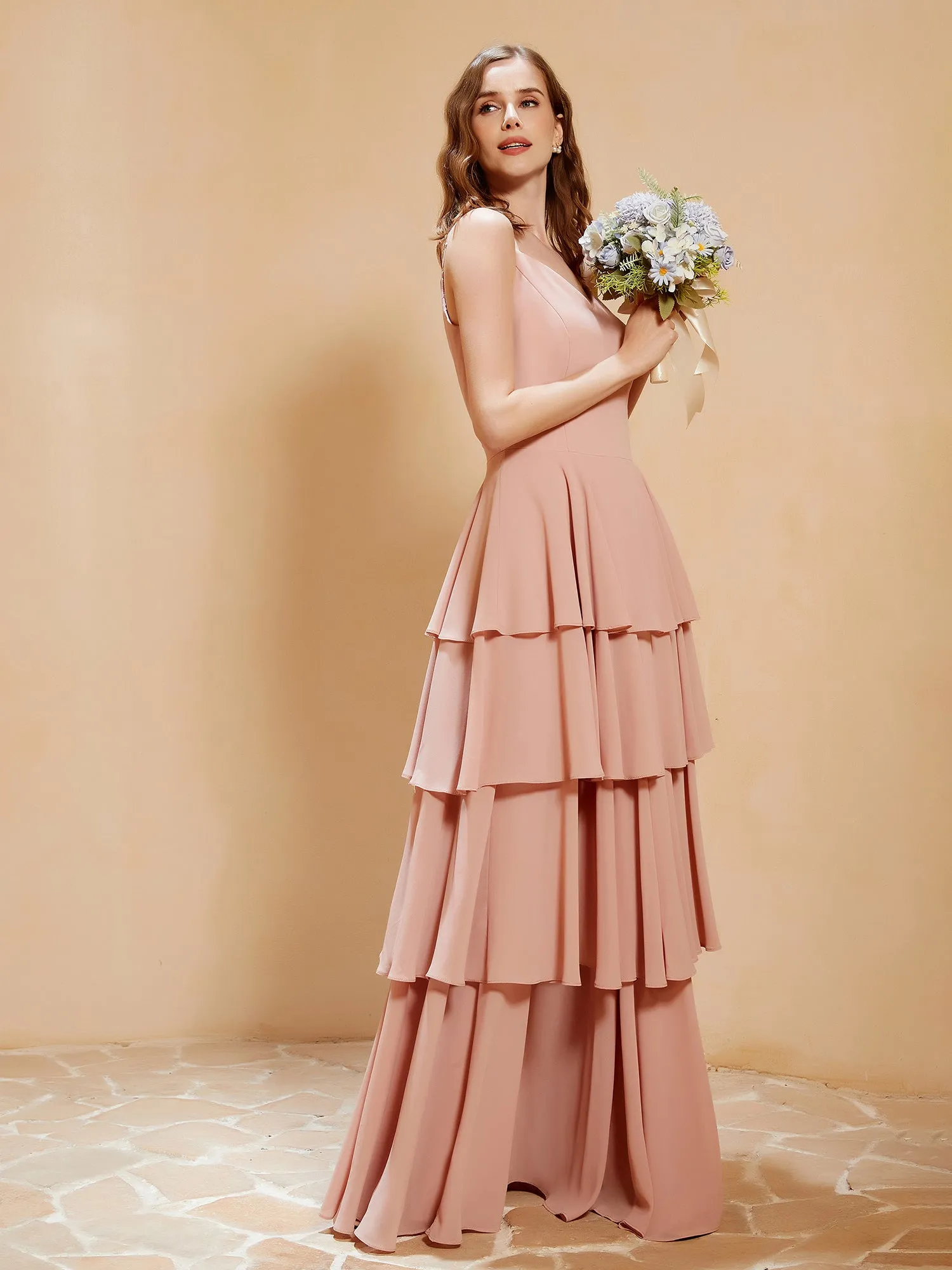 Boho V-neck Floor-length Dress Flowy Ruffles Dusty Rose Plus Size