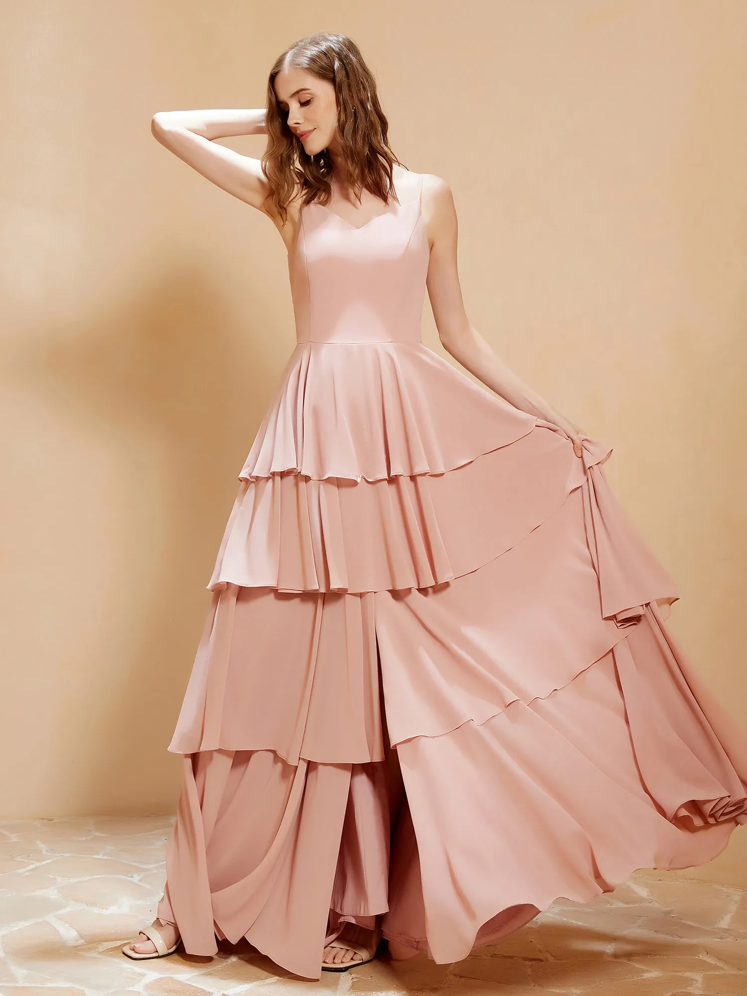 Boho V-neck Floor-length Dress Flowy Ruffles Dusty Rose Plus Size
