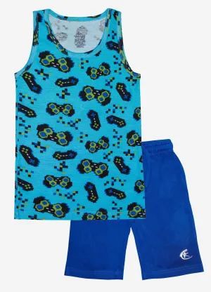 Boys Printed Vest With Basic Shorts Set