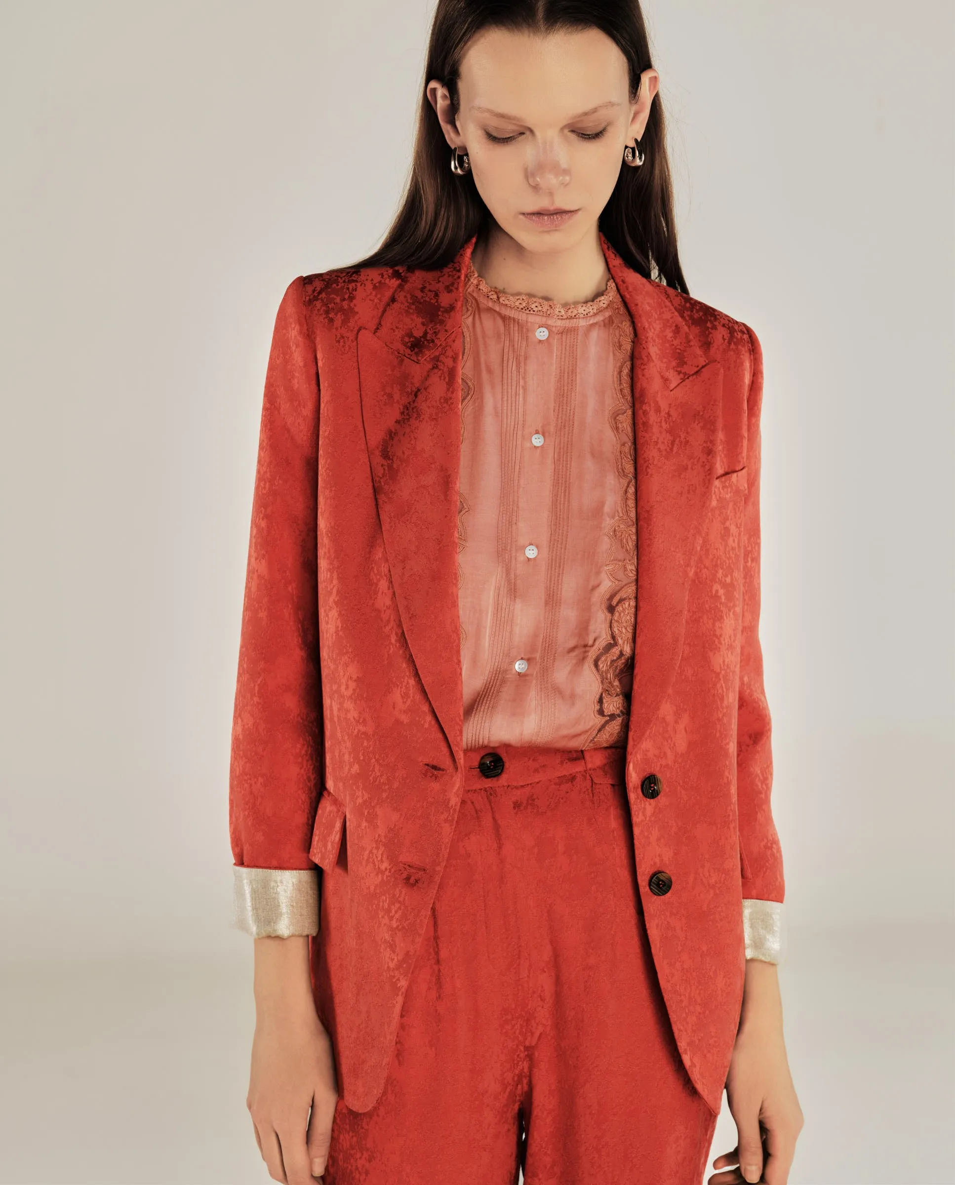 CANNES | Red Jacquard Relaxed Fit Structured Blazer