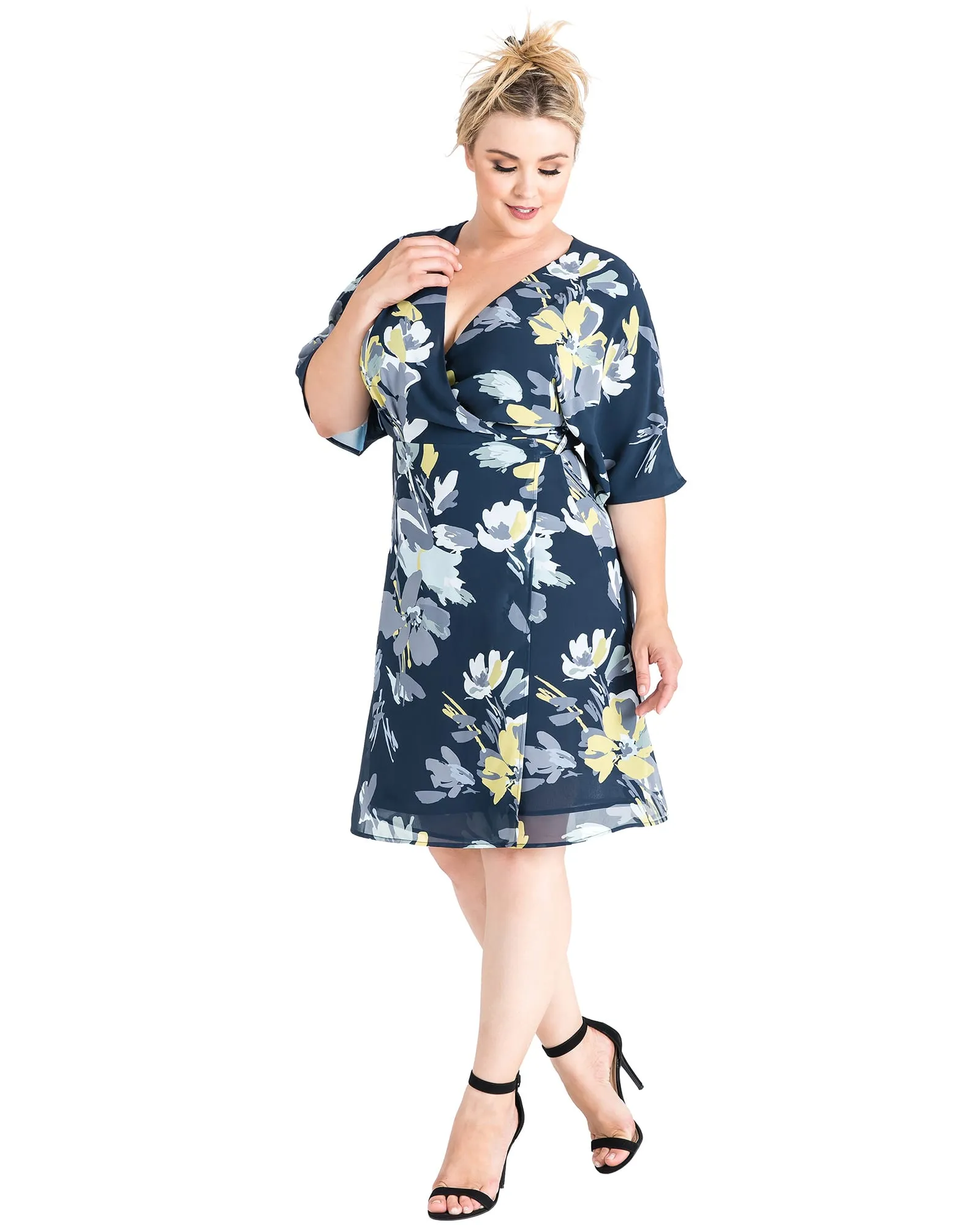 Caroline V-Neck Kimono Wrap Midi Dress | NAVYPETALS