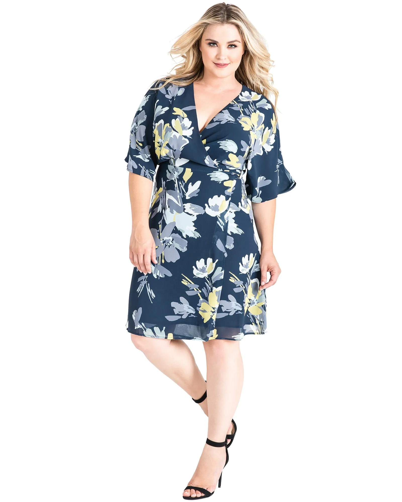 Caroline V-Neck Kimono Wrap Midi Dress | NAVYPETALS