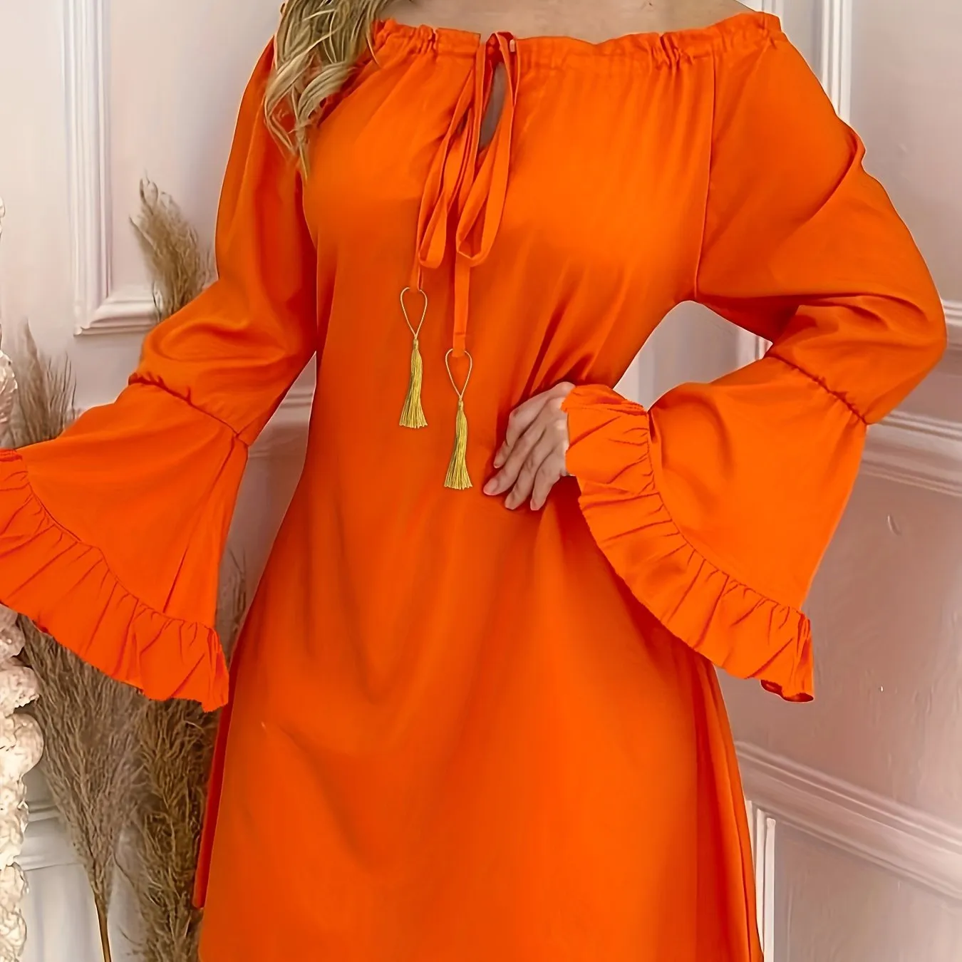 Chic Solid Off Shoulder Dress with Drawstring Detail - Flared Sleeves & Relaxed Fit for Spring & Fall - Elegant Women’s Everyday Attire