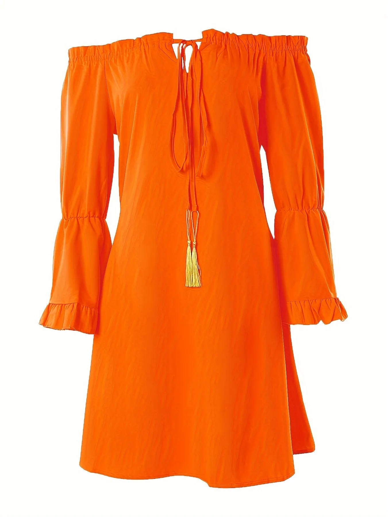Chic Solid Off Shoulder Dress with Drawstring Detail - Flared Sleeves & Relaxed Fit for Spring & Fall - Elegant Women’s Everyday Attire