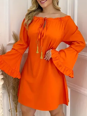 Chic Solid Off Shoulder Dress with Drawstring Detail - Flared Sleeves & Relaxed Fit for Spring & Fall - Elegant Women’s Everyday Attire
