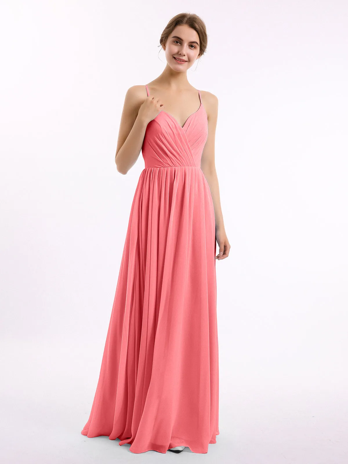 Chiffon Bridesmaid Dresses with Spaghetti Straps-Watermelon Plus Size