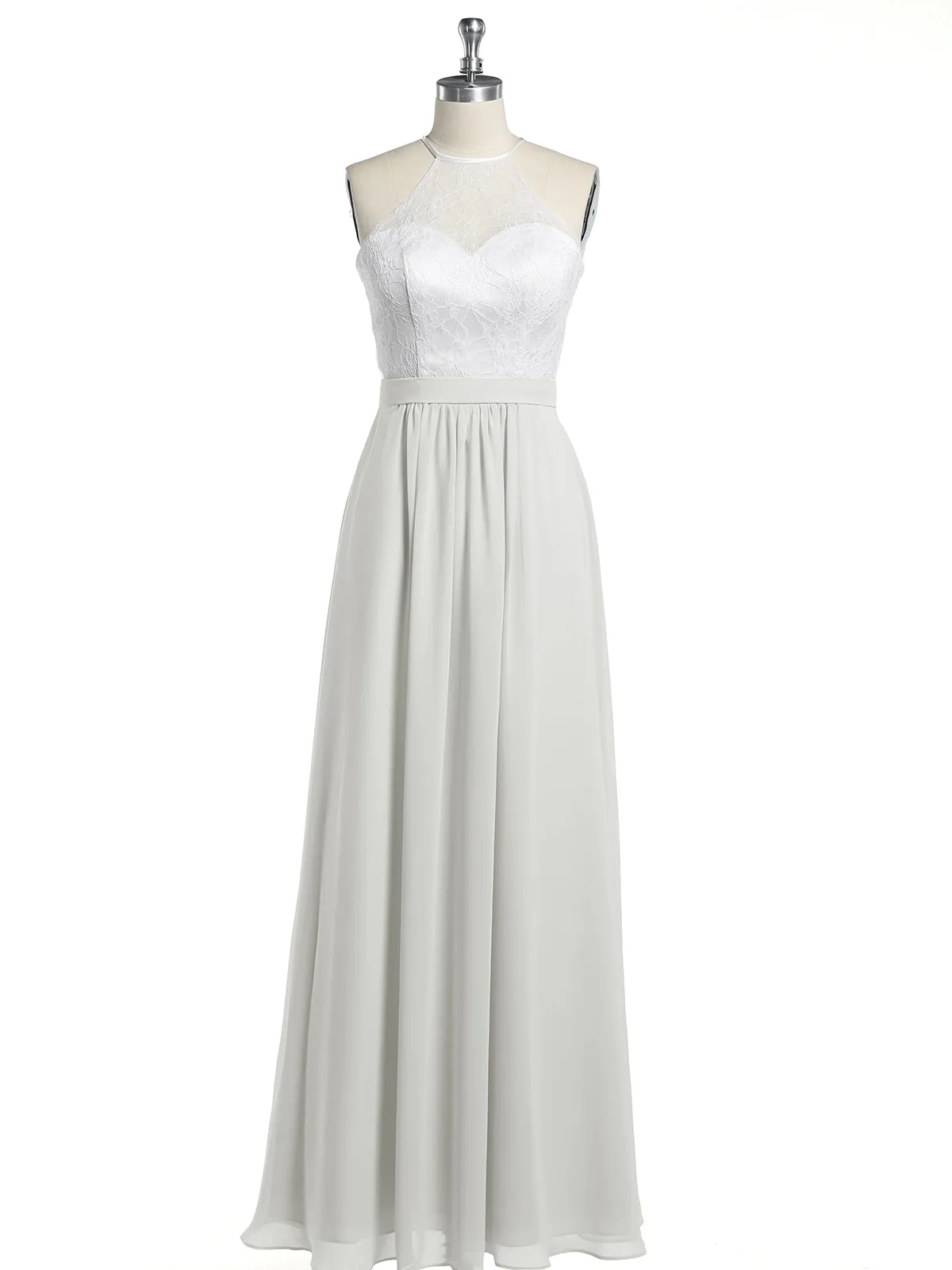 Chiffon Long Dresses with Ivory Lace Bodice-Ivory