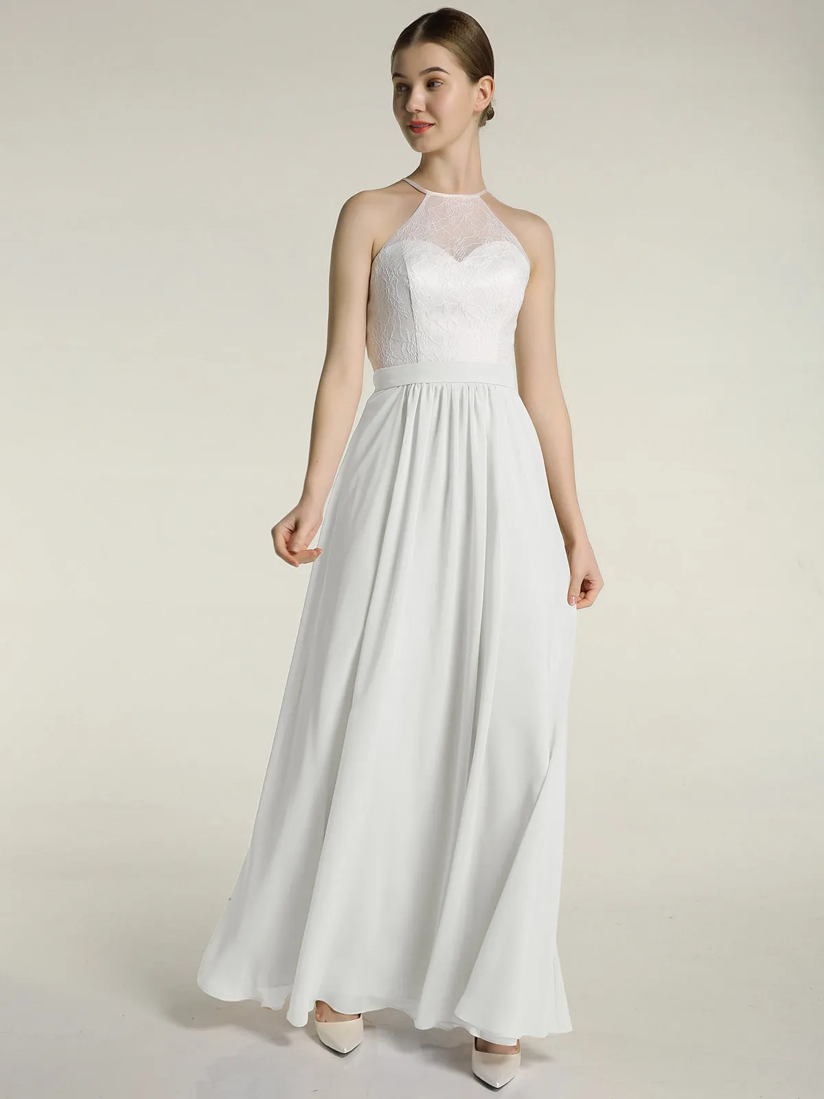 Chiffon Long Dresses with Ivory Lace Bodice-Ivory