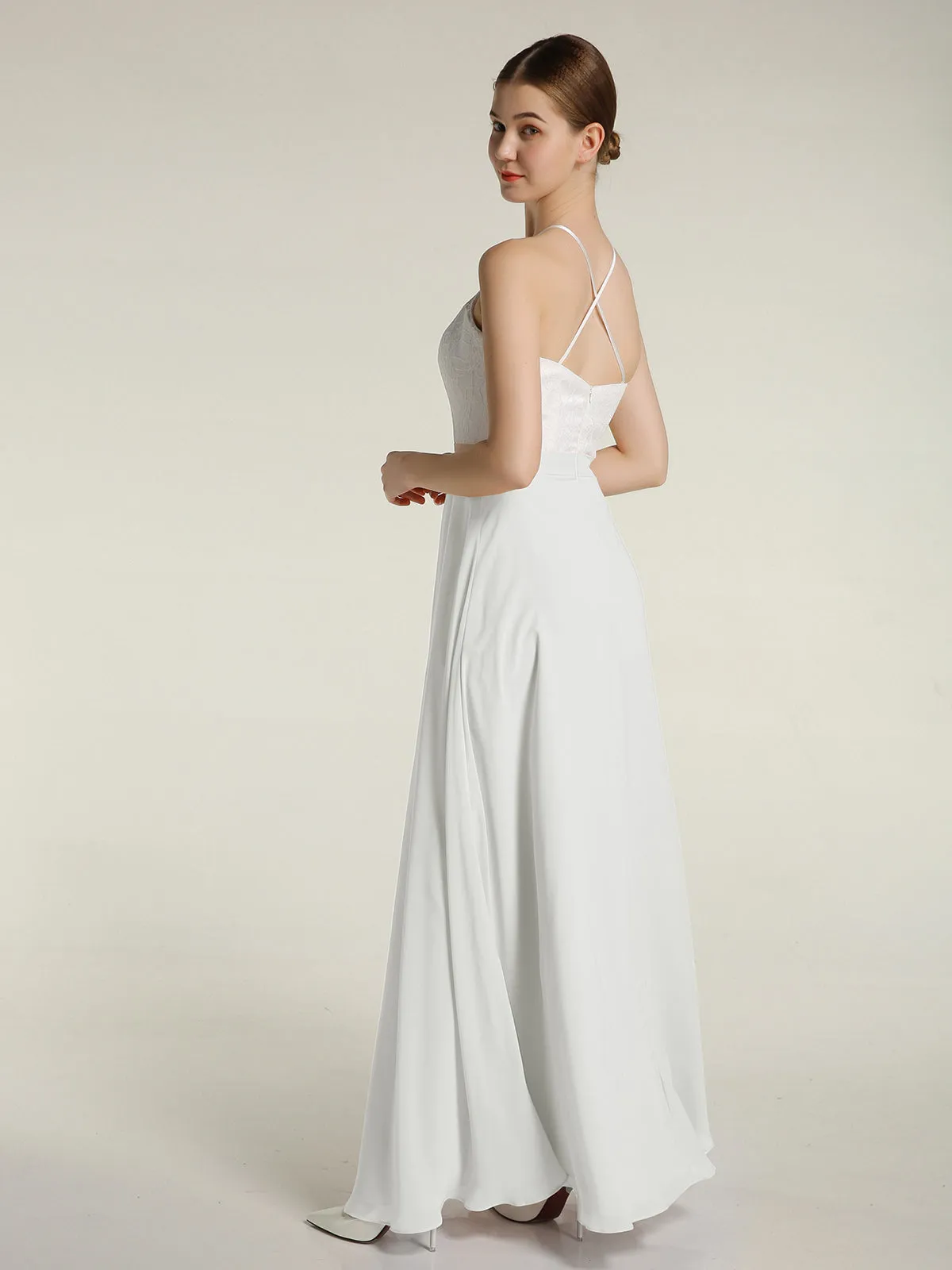 Chiffon Long Dresses with Ivory Lace Bodice-Ivory