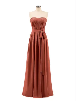 Chiffon Strapless Bridesmaid Gown with Sash-Rust Plus Size