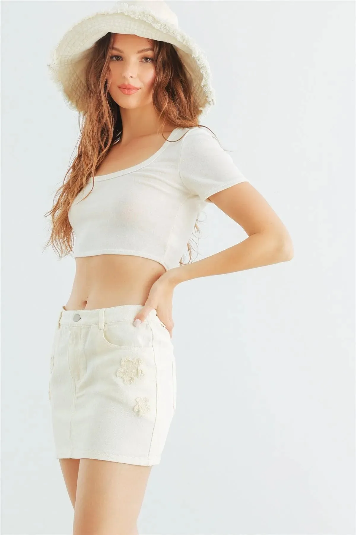 Cream Denim Cotton High Waist Mini Skirt /1-2-2-1