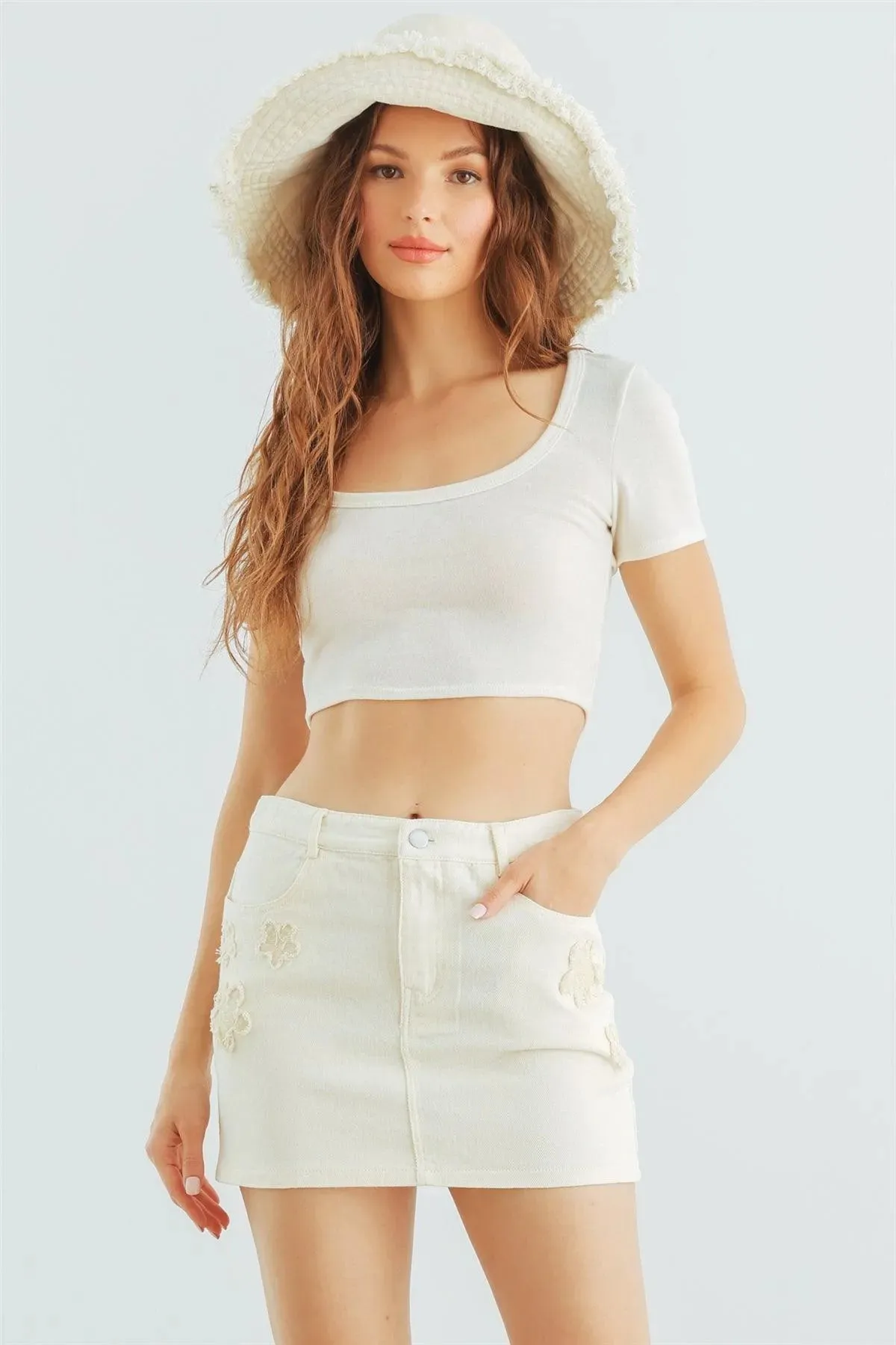 Cream Denim Cotton High Waist Mini Skirt /1-2-2-1
