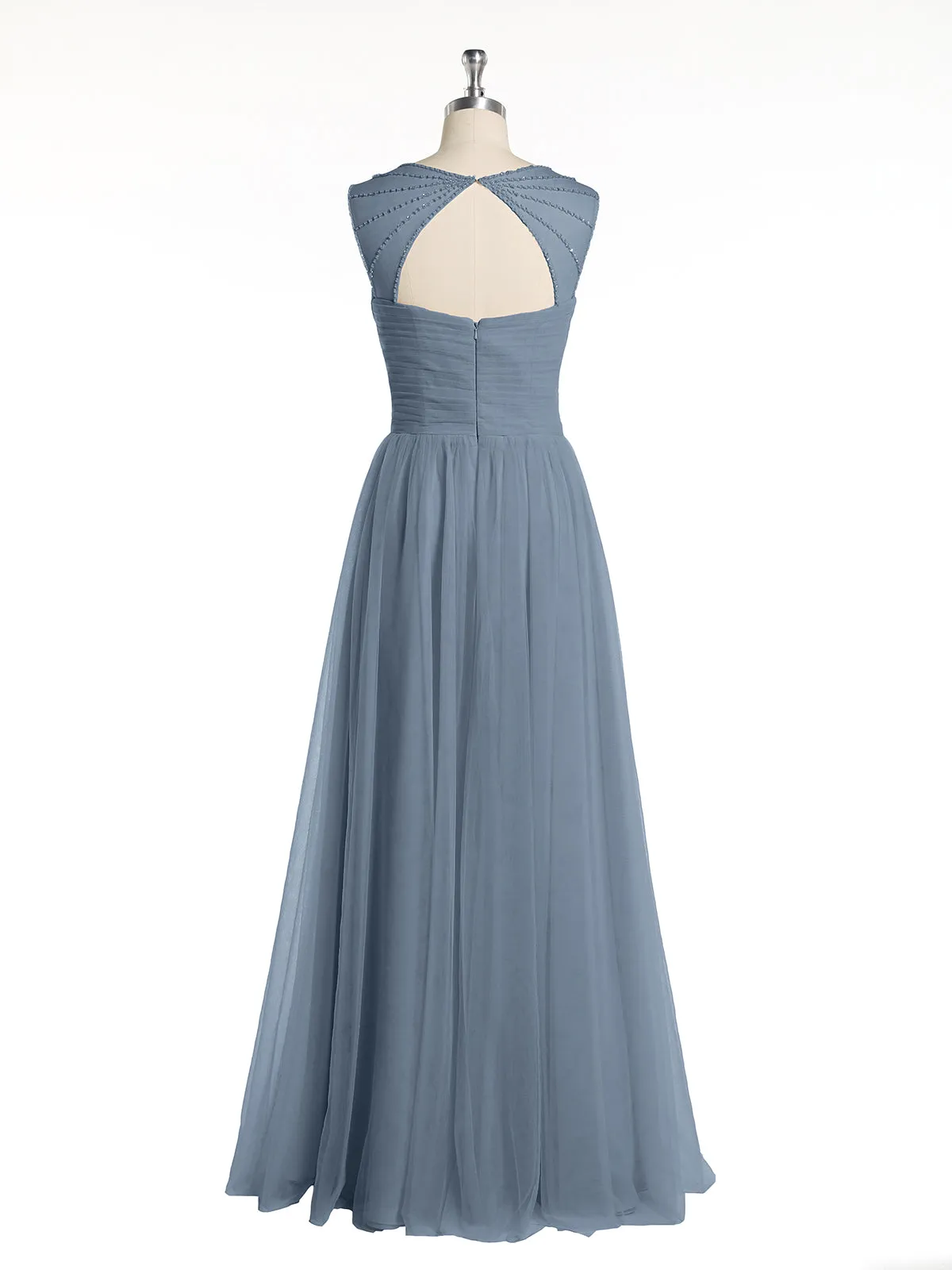 Cross-Pleated Tulle Long Dresses with Beaded Straps Dusty Blue Plus Size
