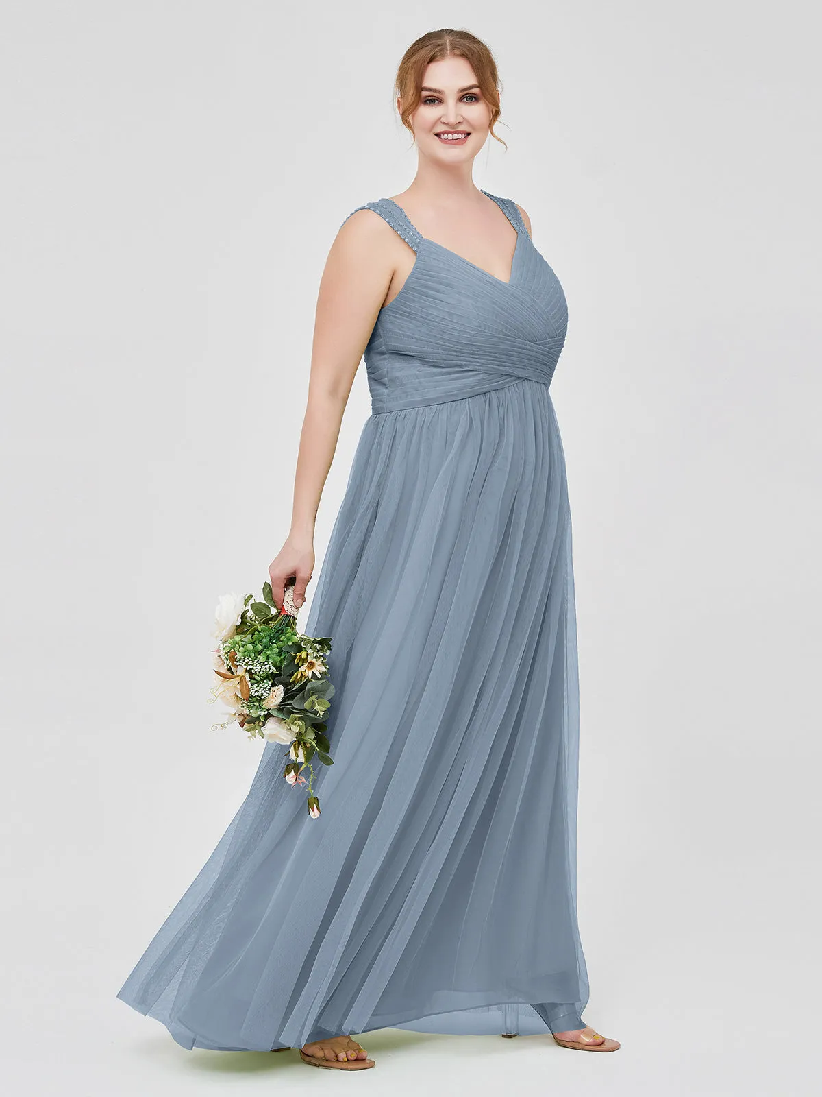 Cross-Pleated Tulle Long Dresses with Beaded Straps Dusty Blue Plus Size