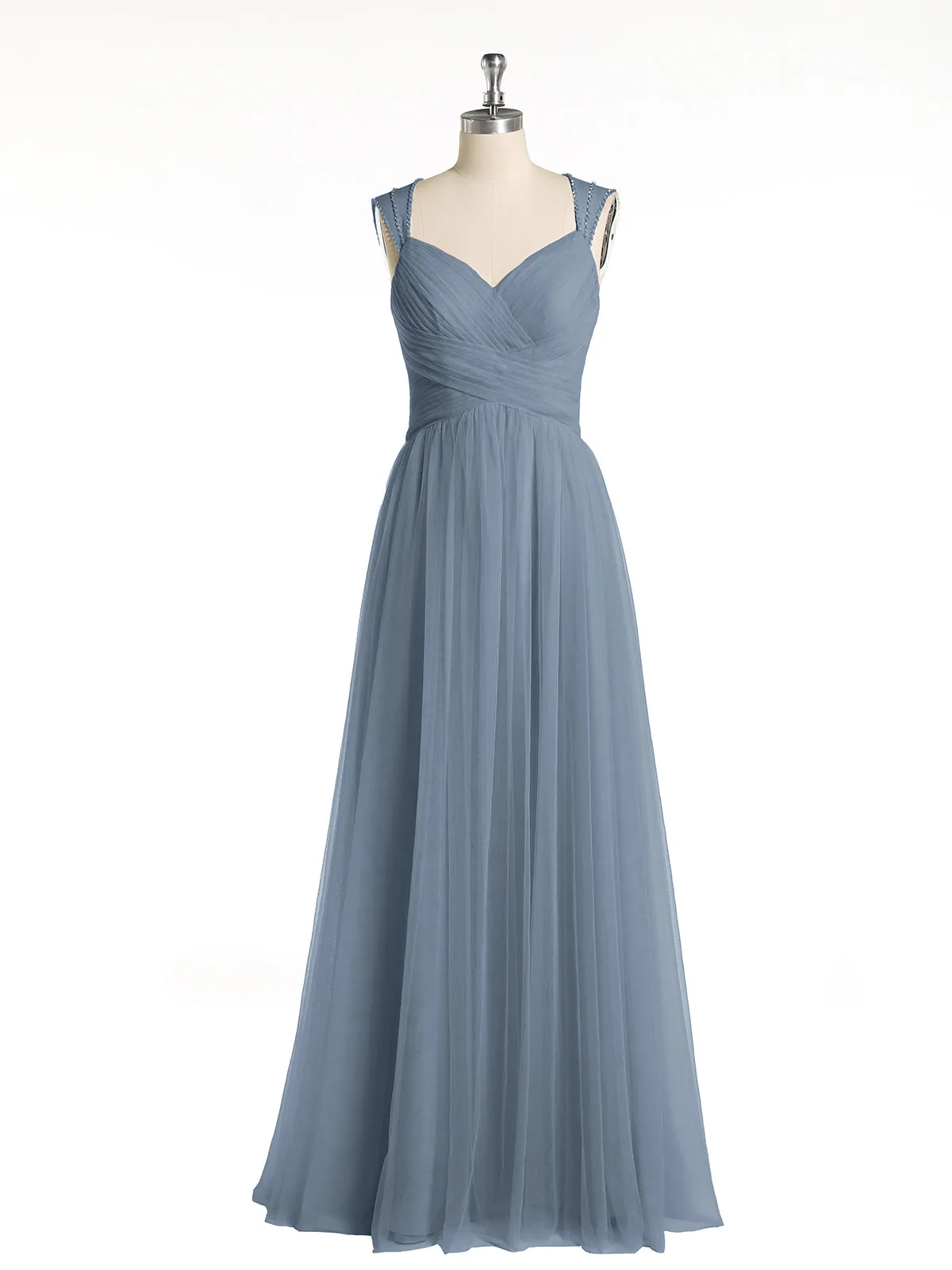 Cross-Pleated Tulle Long Dresses with Beaded Straps Dusty Blue Plus Size