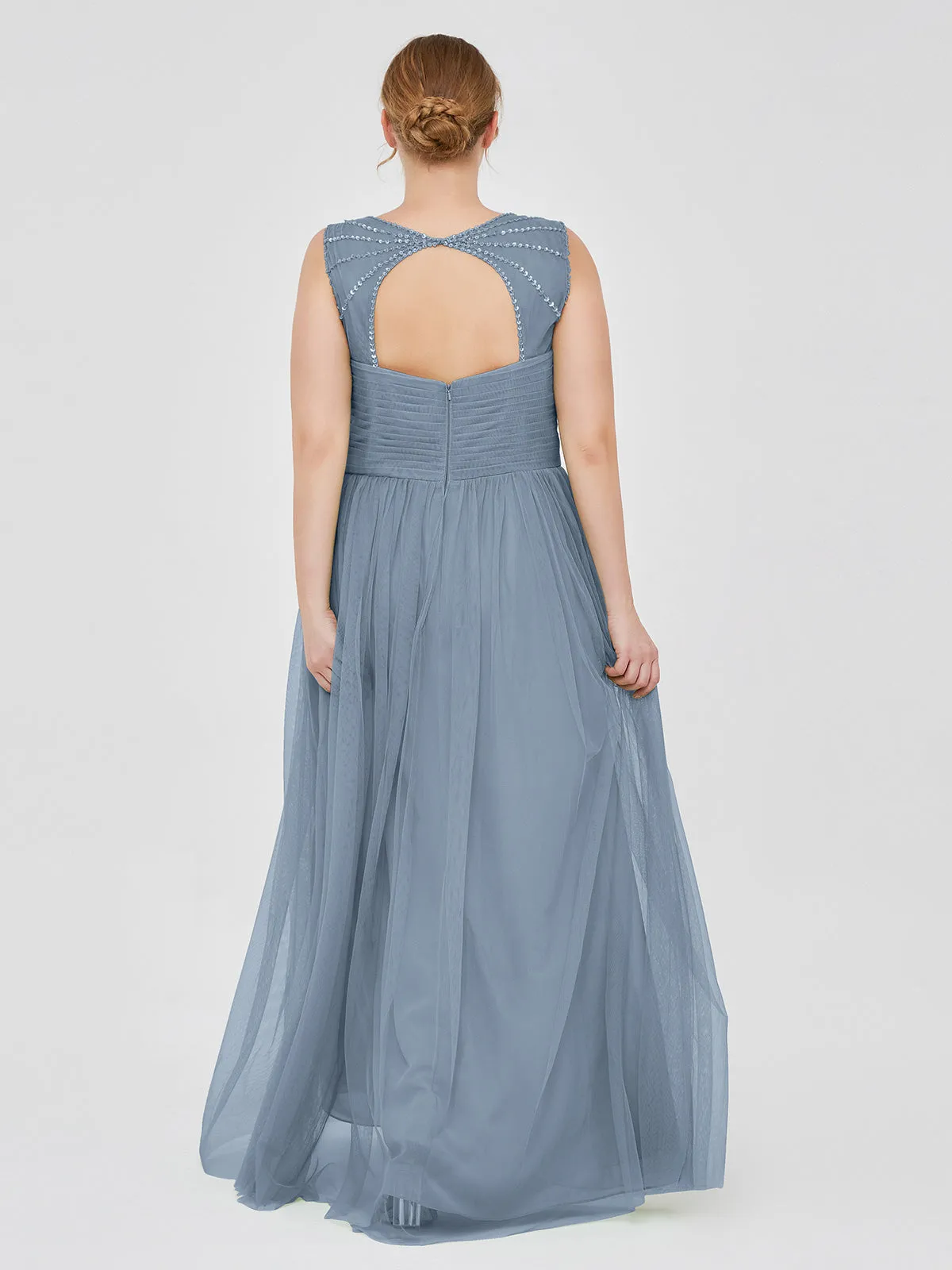 Cross-Pleated Tulle Long Dresses with Beaded Straps Dusty Blue Plus Size