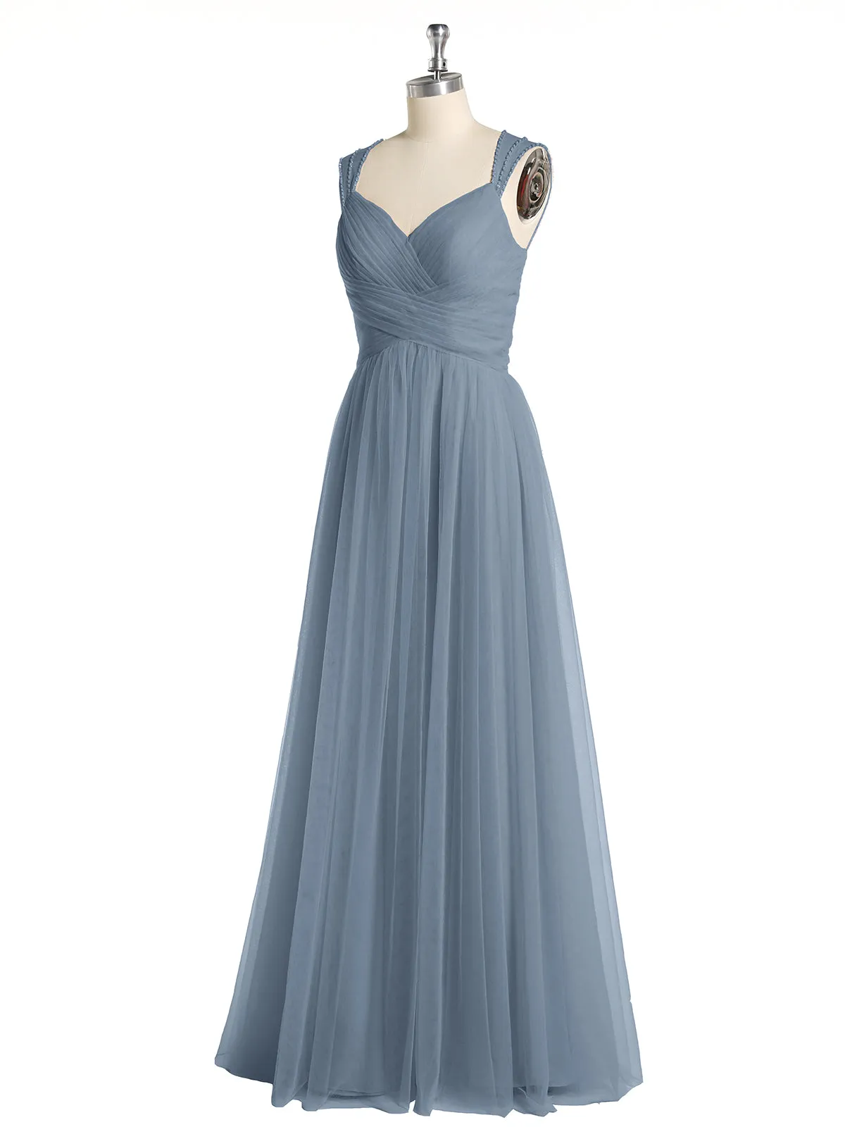 Cross-Pleated Tulle Long Dresses with Beaded Straps Dusty Blue Plus Size