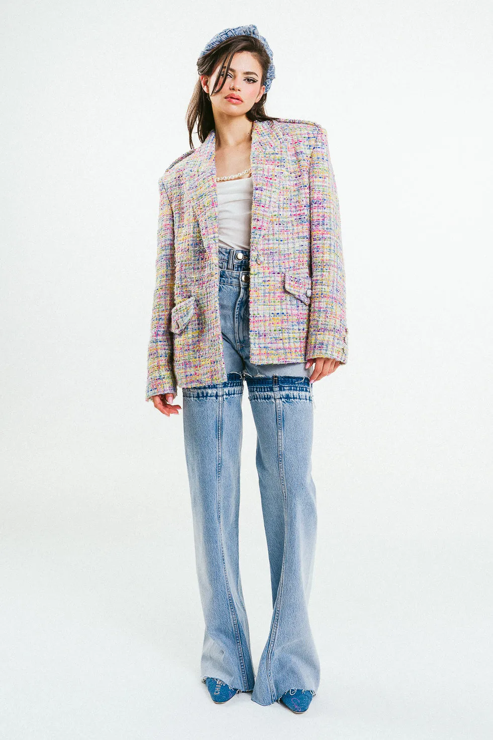 'DAIANA' Rainbow Tweed Structured Oversized Blazer